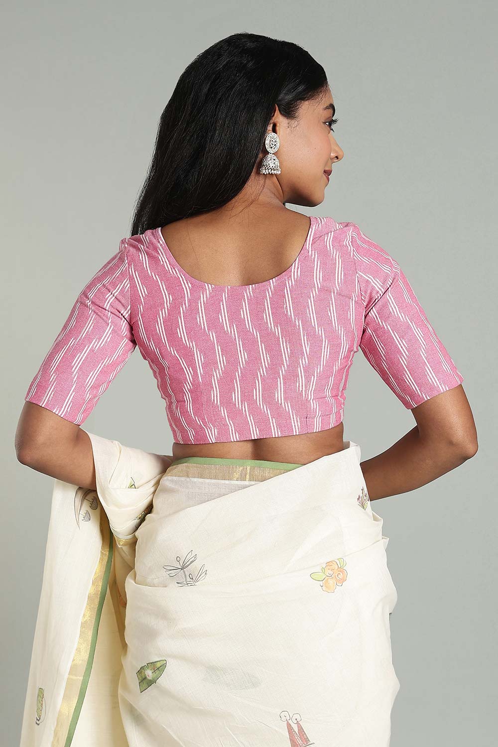 Naidu Hall Women's Cotton Ikat Blouse – U-Neck Princess Cut Designer Saree Blouse with Elbow Sleeves - Pink - BU17