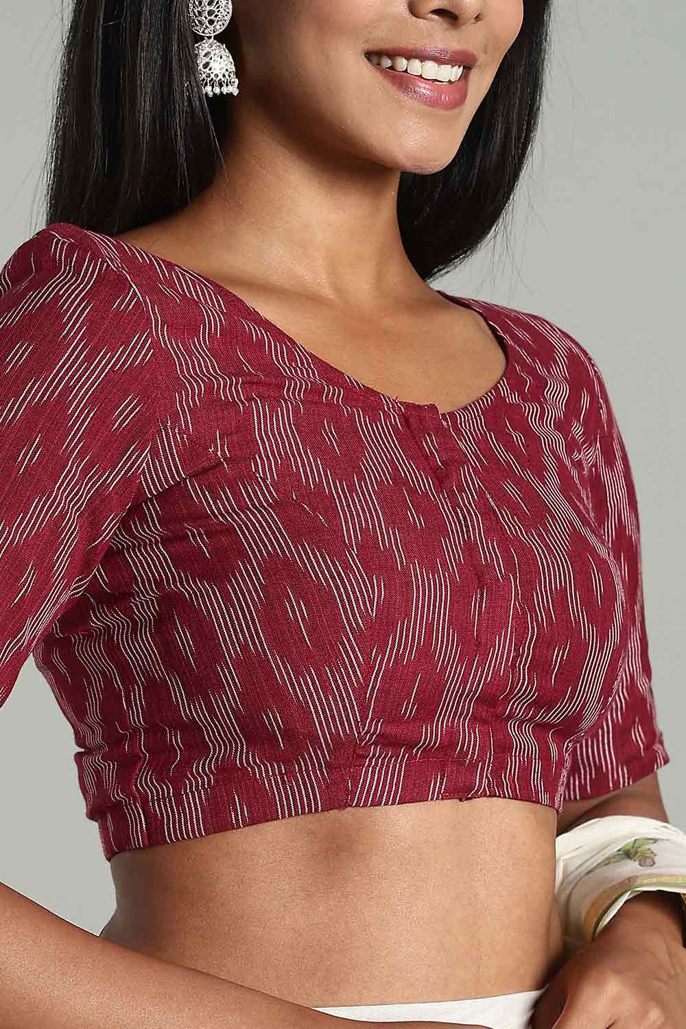 Naidu Hall Women's Cotton Ikat Blouse – U-Neck Princess Cut Designer Saree Blouse with Elbow Sleeves - Bright Maroon - BU17