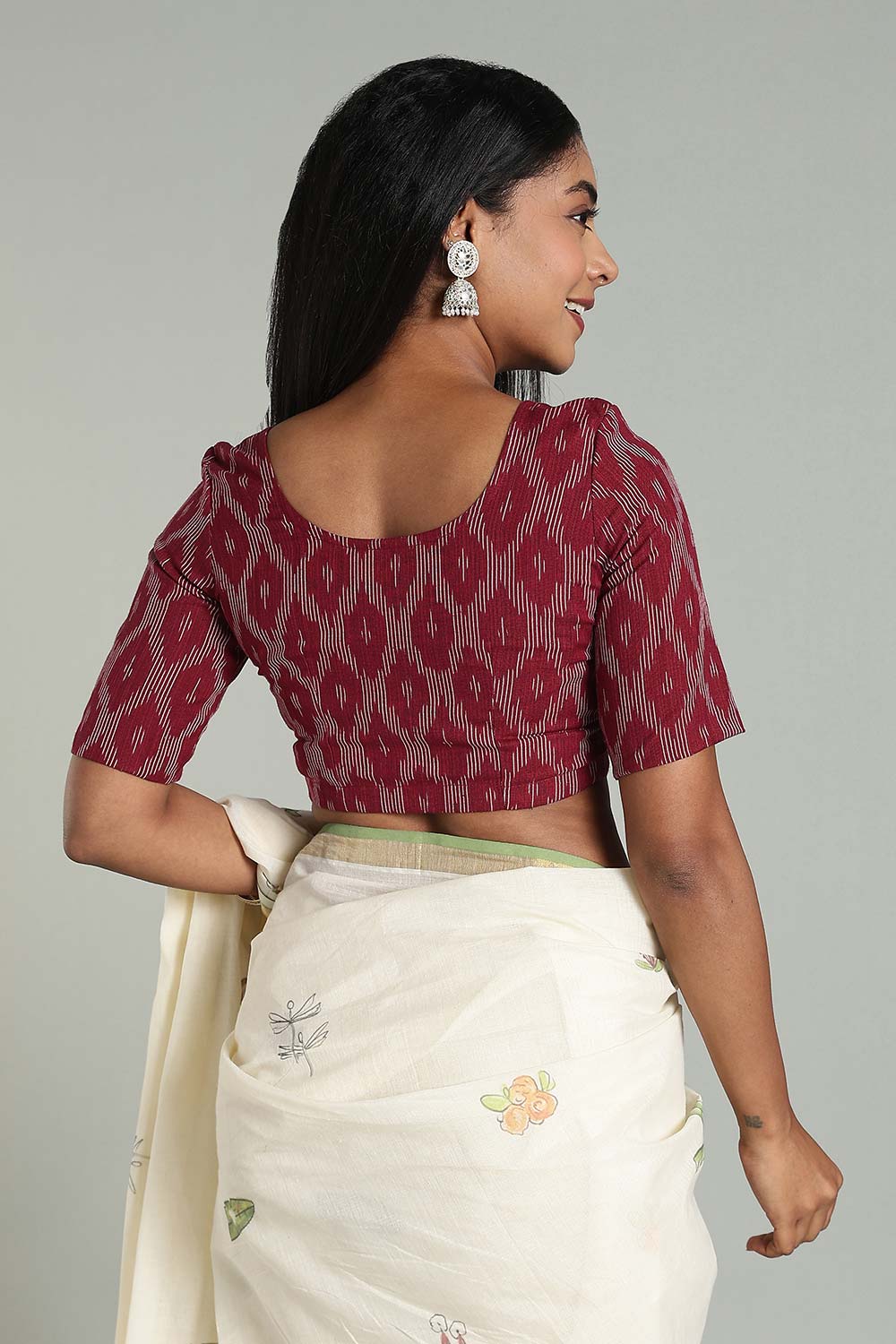 Naidu Hall Women's Cotton Ikat Blouse – U-Neck Princess Cut Designer Saree Blouse with Elbow Sleeves - Bright Maroon - BU17