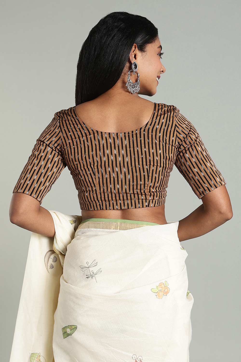 Naidu Hall Women's Cotton Ikat Blouse – U-Neck Princess Cut Designer Saree Blouse with Elbow Sleeves - Golden Yellow - BU17