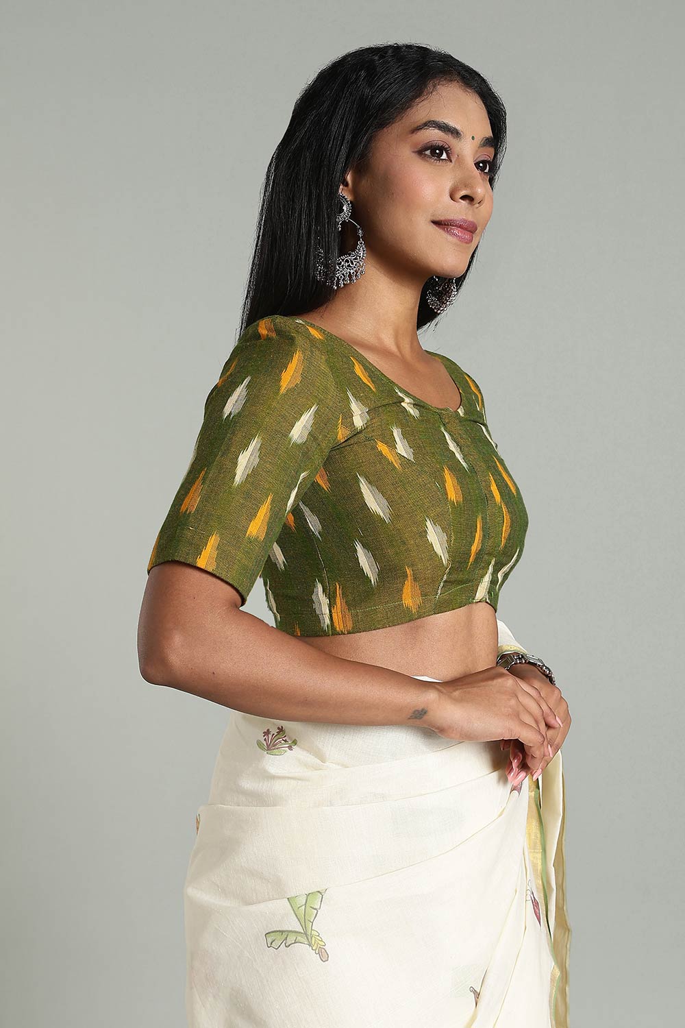 Naidu Hall Women's Cotton Ikat Blouse – U-Neck Princess Cut Designer Saree Blouse with Elbow Sleeves - Dark Green - BU17