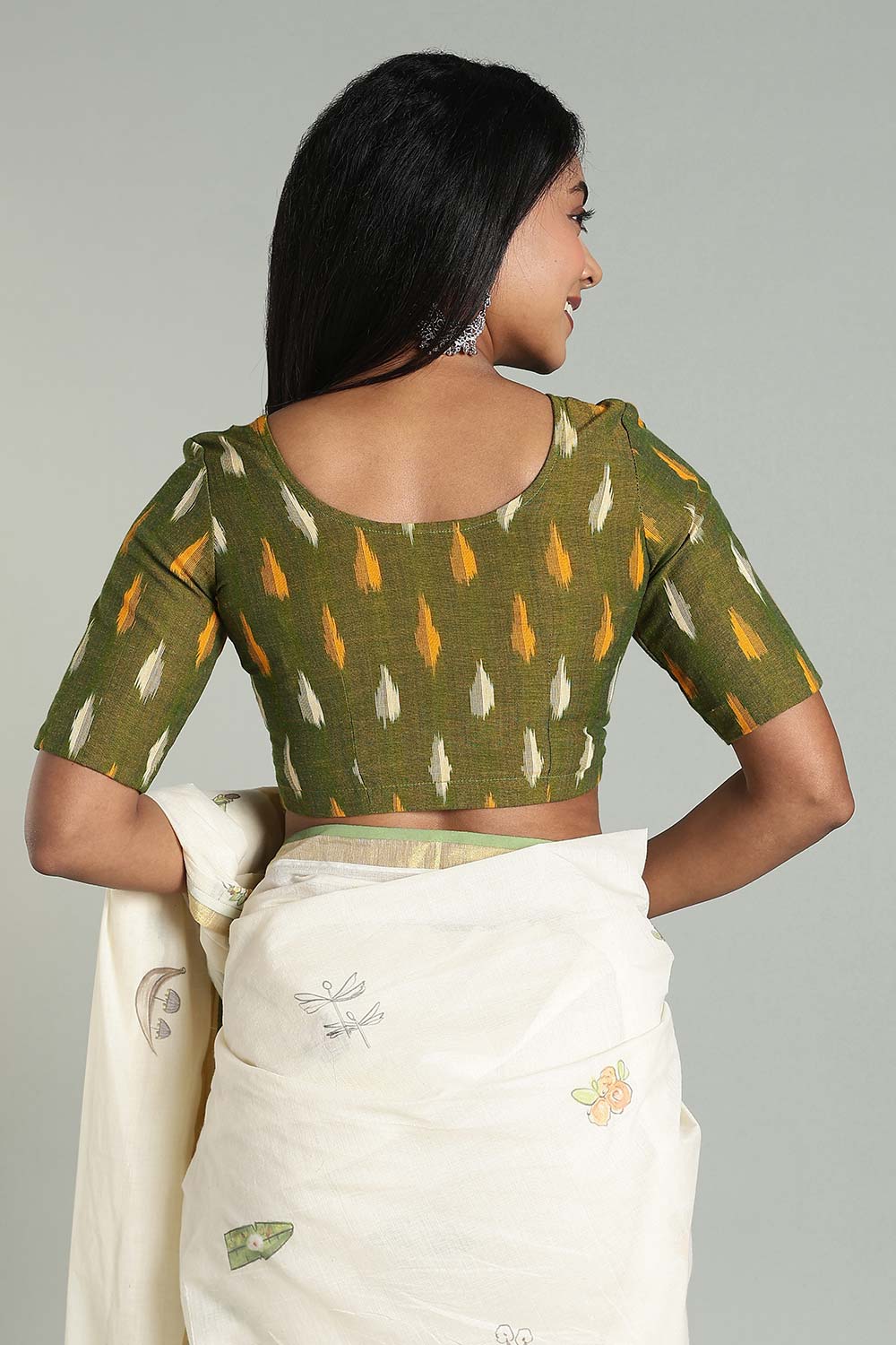 Naidu Hall Women's Cotton Ikat Blouse – U-Neck Princess Cut Designer Saree Blouse with Elbow Sleeves - Dark Green - BU17