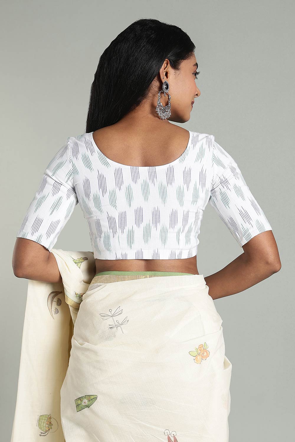 Naidu Hall Women's Cotton Ikat Blouse – U-Neck Princess Cut Designer Saree Blouse with Elbow Sleeves - White - BU17