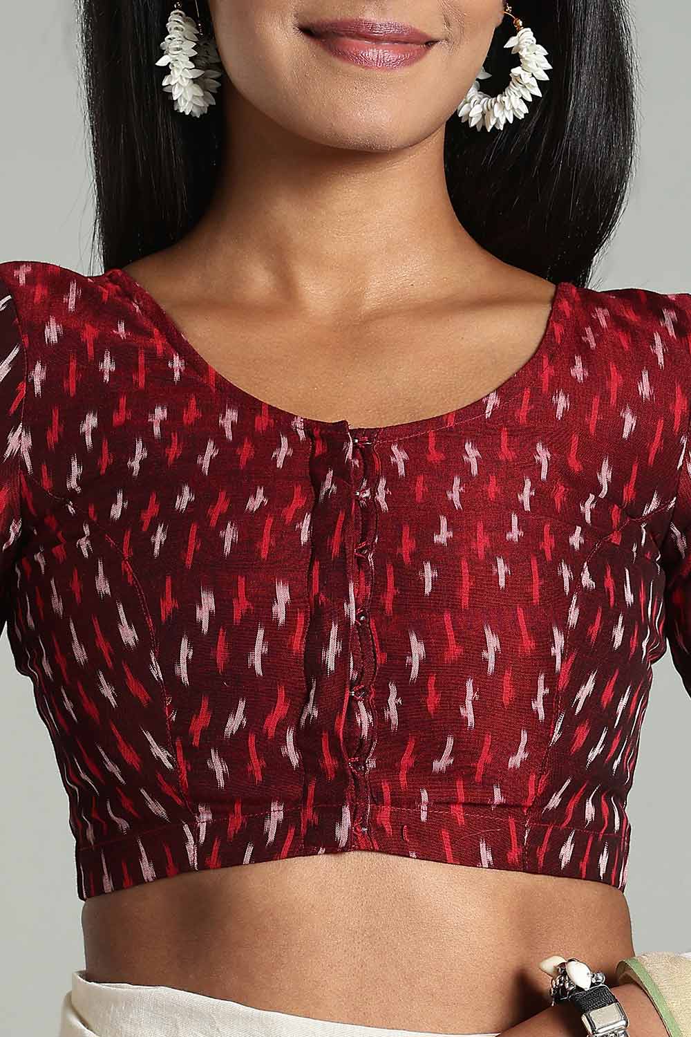 Naidu Hall Women's Cotton Ikat Blouse – U-Neck Princess Cut Designer Saree Blouse with Elbow Sleeves - Red - BU17