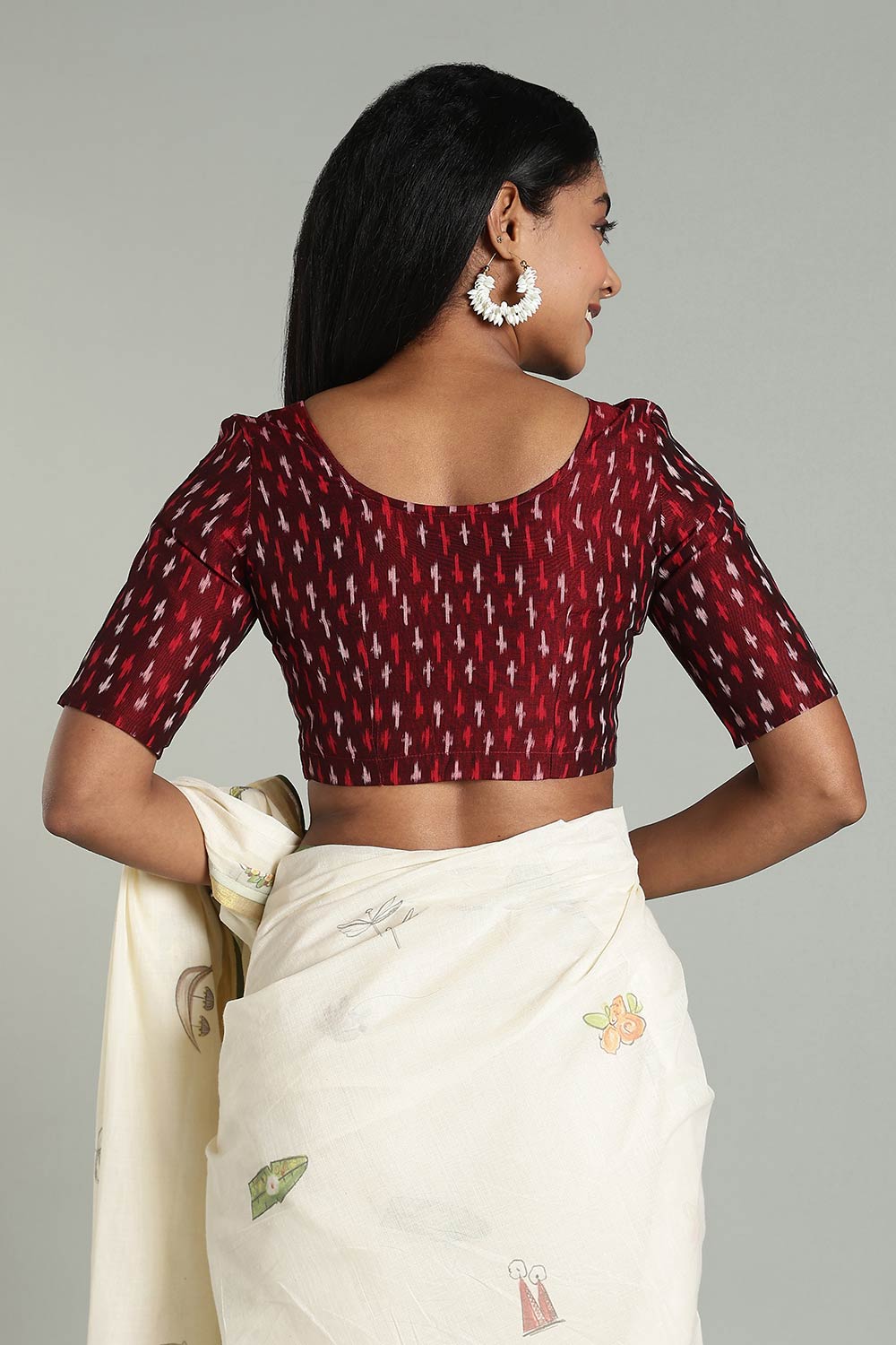 Naidu Hall Women's Cotton Ikat Blouse – U-Neck Princess Cut Designer Saree Blouse with Elbow Sleeves - Red - BU17