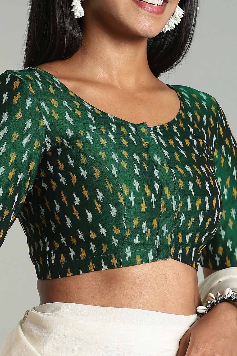 Naidu Hall Women's Cotton Ikat Blouse – U-Neck Princess Cut Designer Saree Blouse with Elbow Sleeves - Bottle Green - BU17