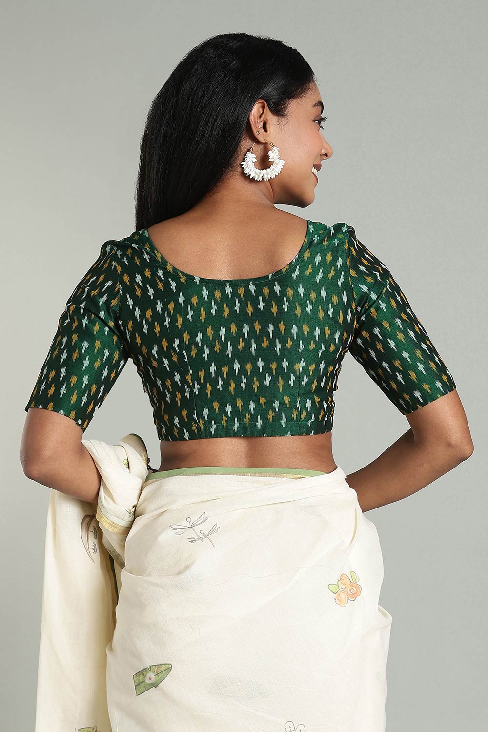 Naidu Hall Women's Cotton Ikat Blouse – U-Neck Princess Cut Designer Saree Blouse with Elbow Sleeves - Bottle Green - BU17