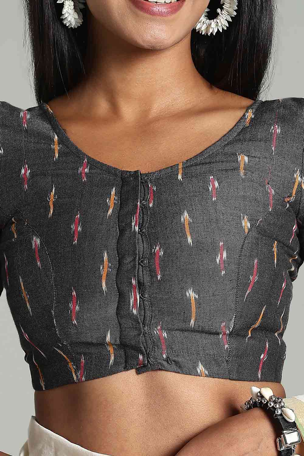 Naidu Hall Women's Cotton Ikat Blouse – U-Neck Princess Cut Designer Saree Blouse with Elbow Sleeves - Black Print-1 - BU17