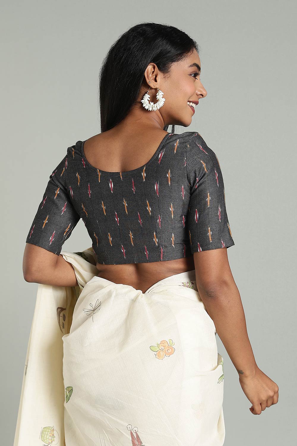 Naidu Hall Women's Cotton Ikat Blouse – U-Neck Princess Cut Designer Saree Blouse with Elbow Sleeves - Black Print-1 - BU17