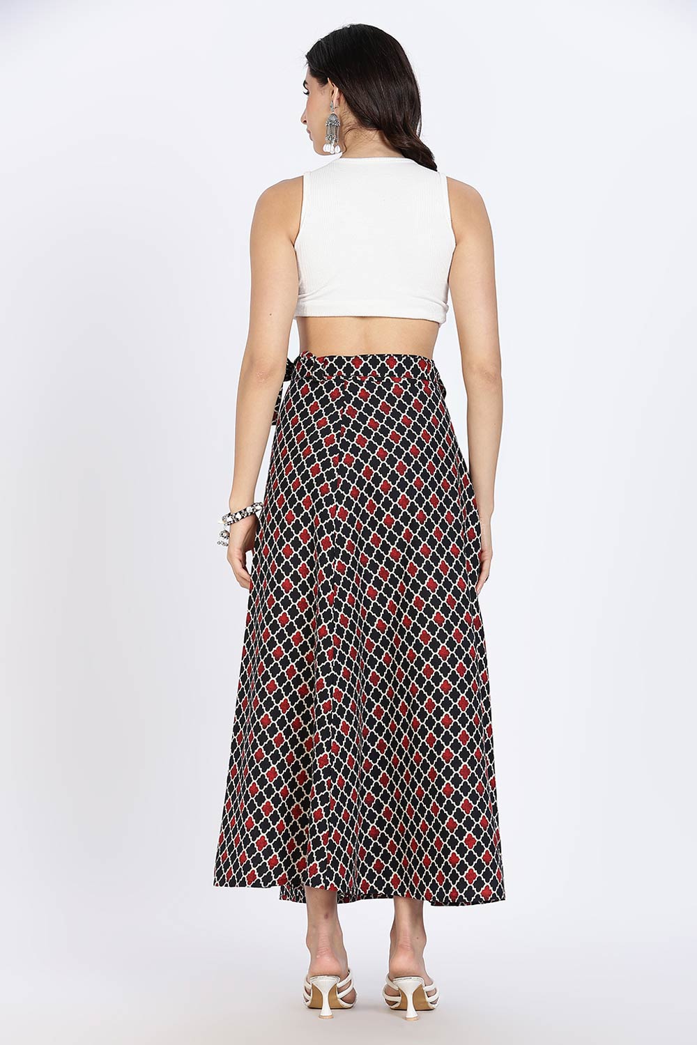 Mythri Women’s Wrap Skirt | Moroccan Geometric Printed Cotton Blend with Tie-Up Closure - Black Print - SK07