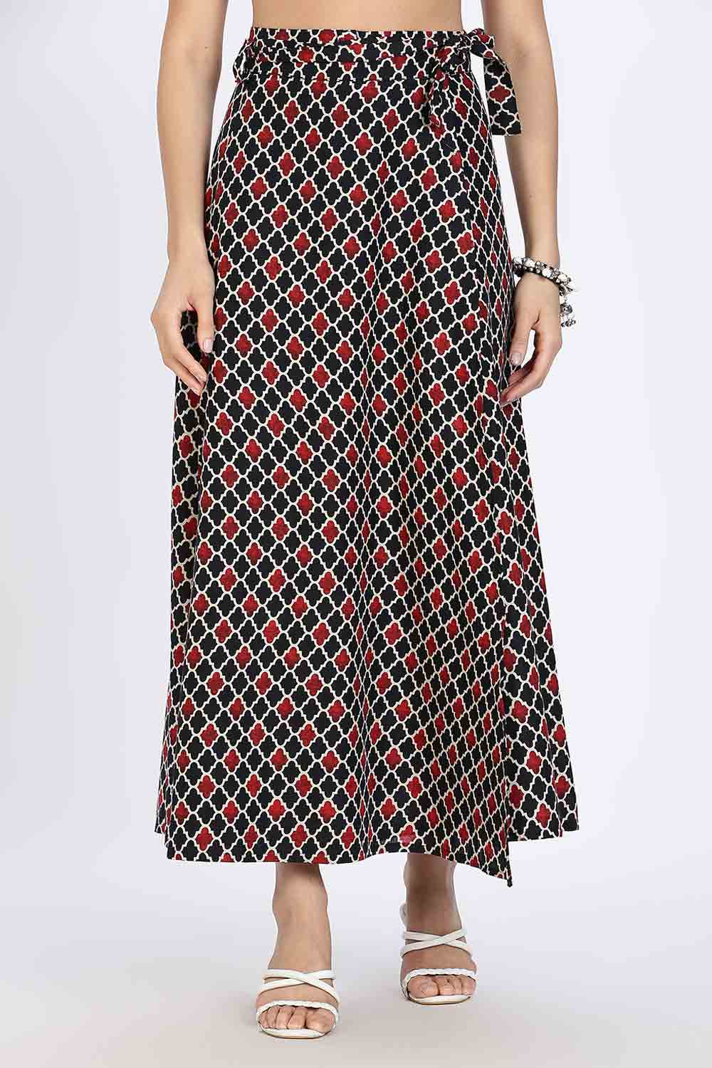 Mythri Women’s Wrap Skirt | Moroccan Geometric Printed Cotton Blend with Tie-Up Closure - Black Print - SK07