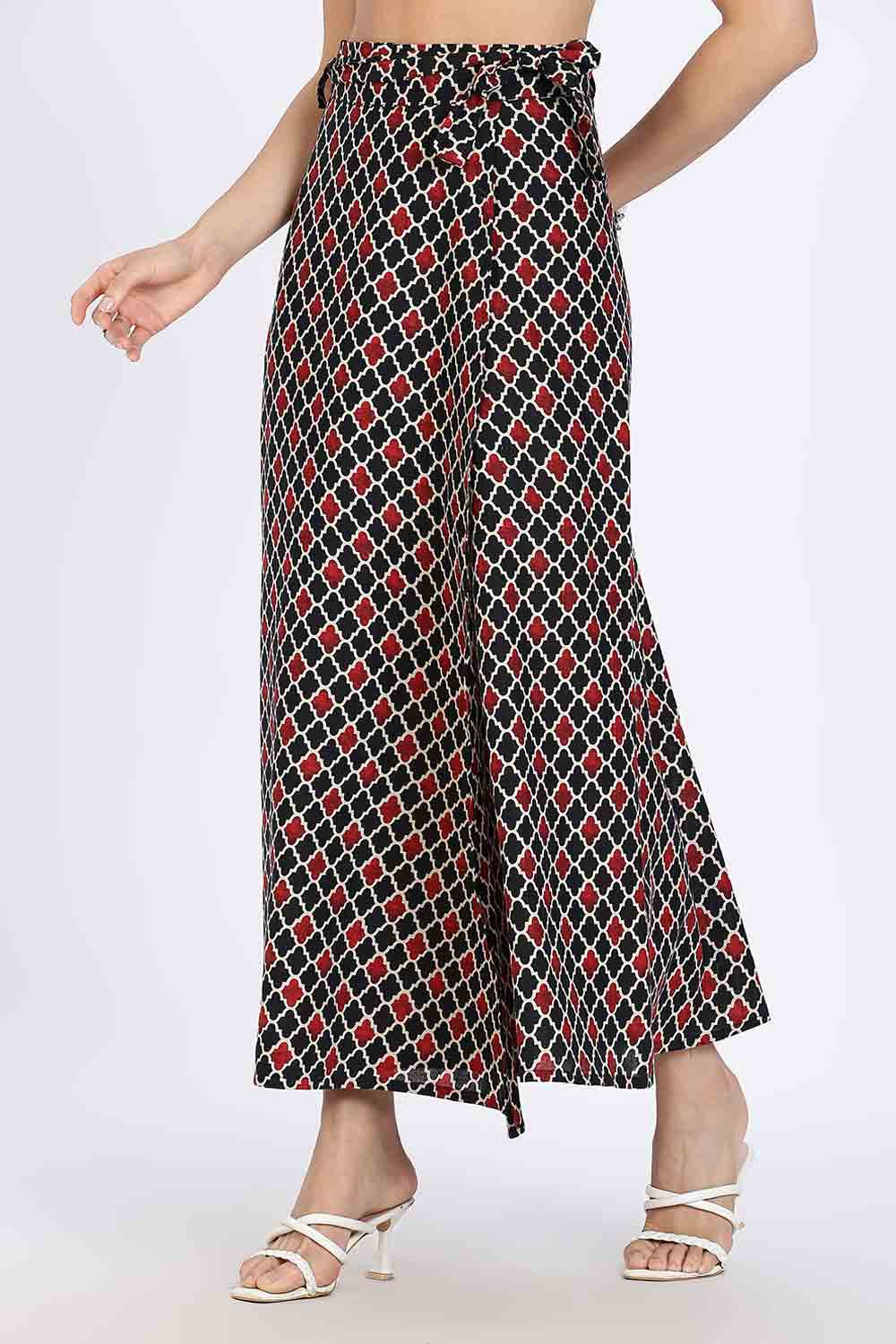 Mythri Women’s Wrap Skirt | Moroccan Geometric Printed Cotton Blend with Tie-Up Closure - Black Print - SK07
