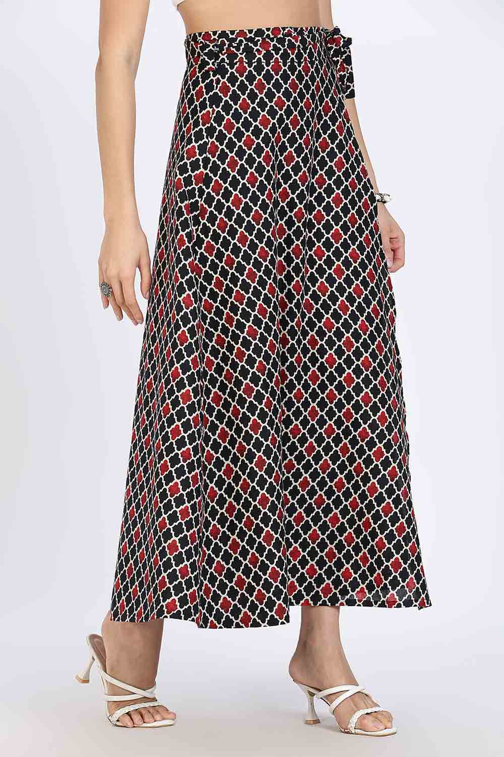 Mythri Women’s Wrap Skirt | Moroccan Geometric Printed Cotton Blend with Tie-Up Closure - Black Print - SK07