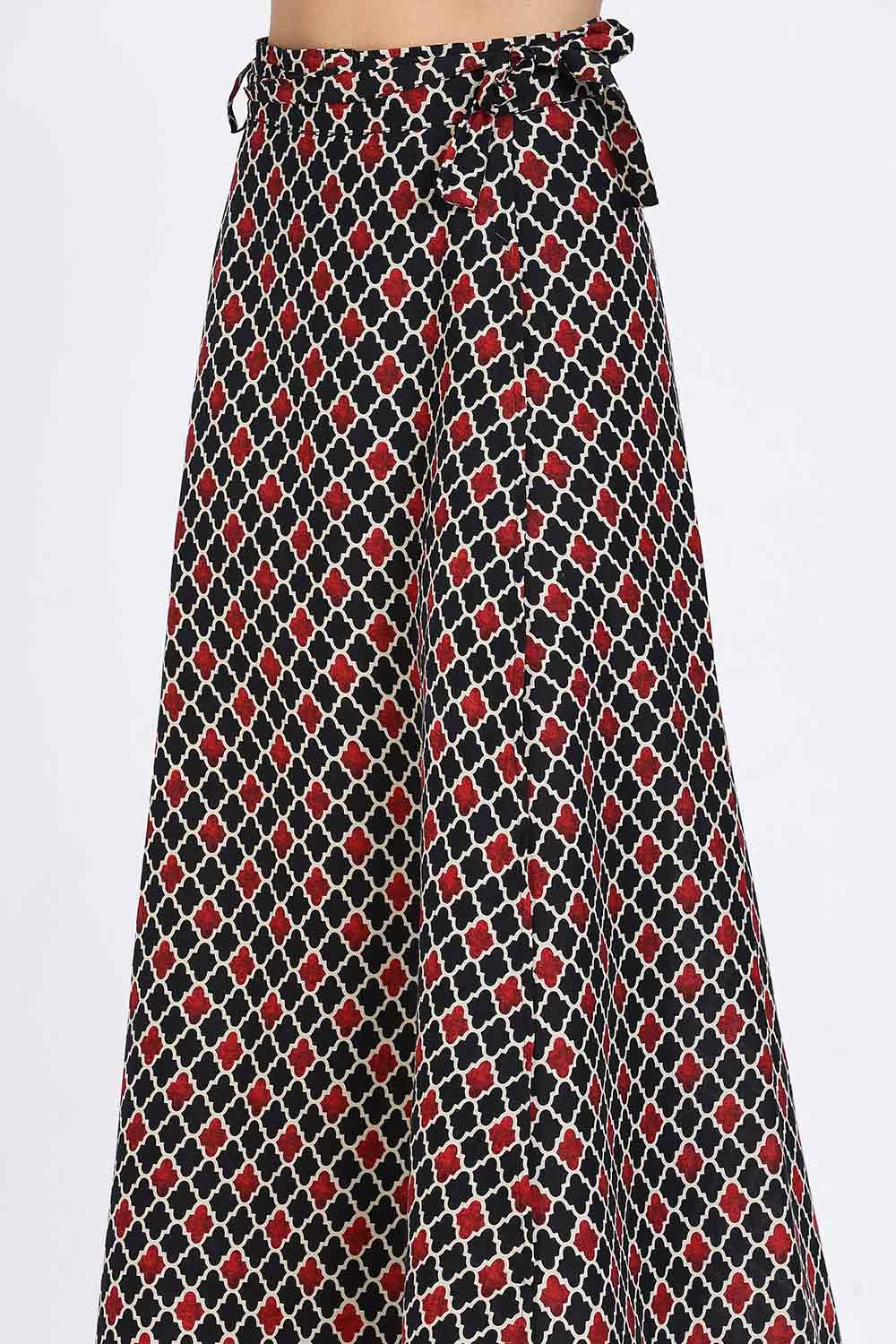 Mythri Women’s Wrap Skirt | Moroccan Geometric Printed Cotton Blend with Tie-Up Closure - Black Print - SK07