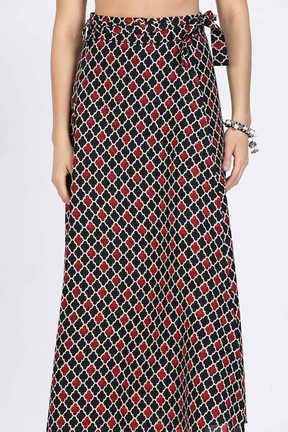 Mythri Women’s Wrap Skirt | Moroccan Geometric Printed Cotton Blend with Tie-Up Closure - Black Print - SK07