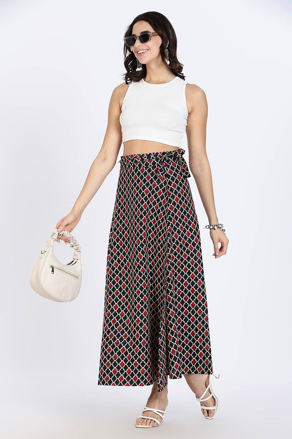 Mythri Women’s Wrap Skirt | Moroccan Geometric Printed Cotton Blend with Tie-Up Closure - Black Print - SK07