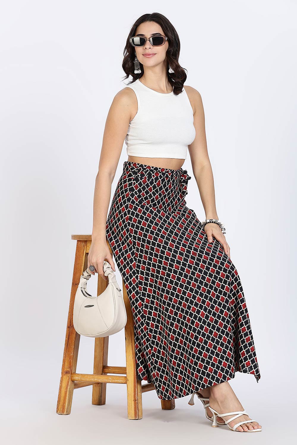 Mythri Women’s Wrap Skirt | Moroccan Geometric Printed Cotton Blend with Tie-Up Closure - Black Print - SK07