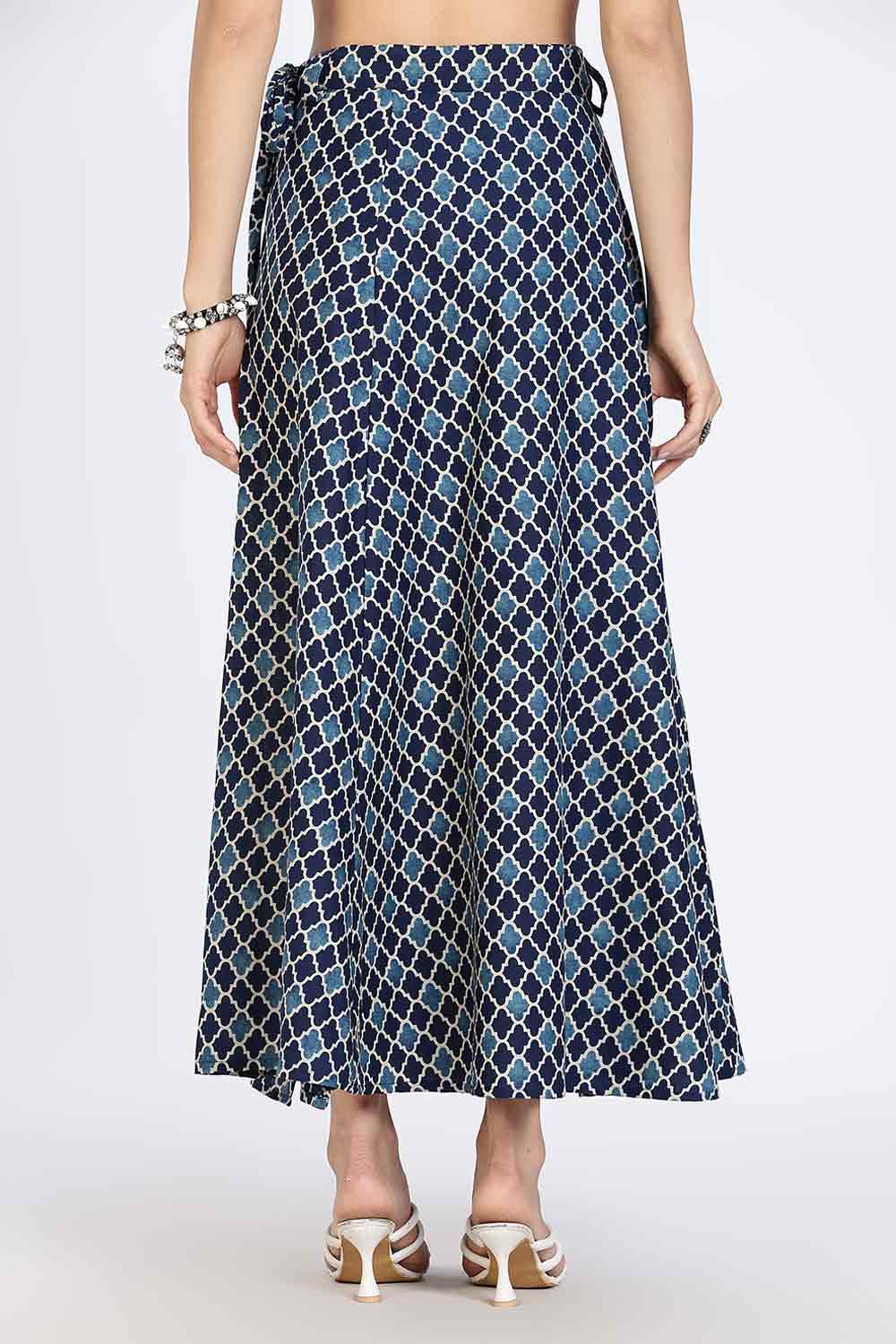 Mythri Women’s Wrap Skirt | Moroccan Geometric Printed Cotton Blend with Tie-Up Closure - Blue Print - SK07