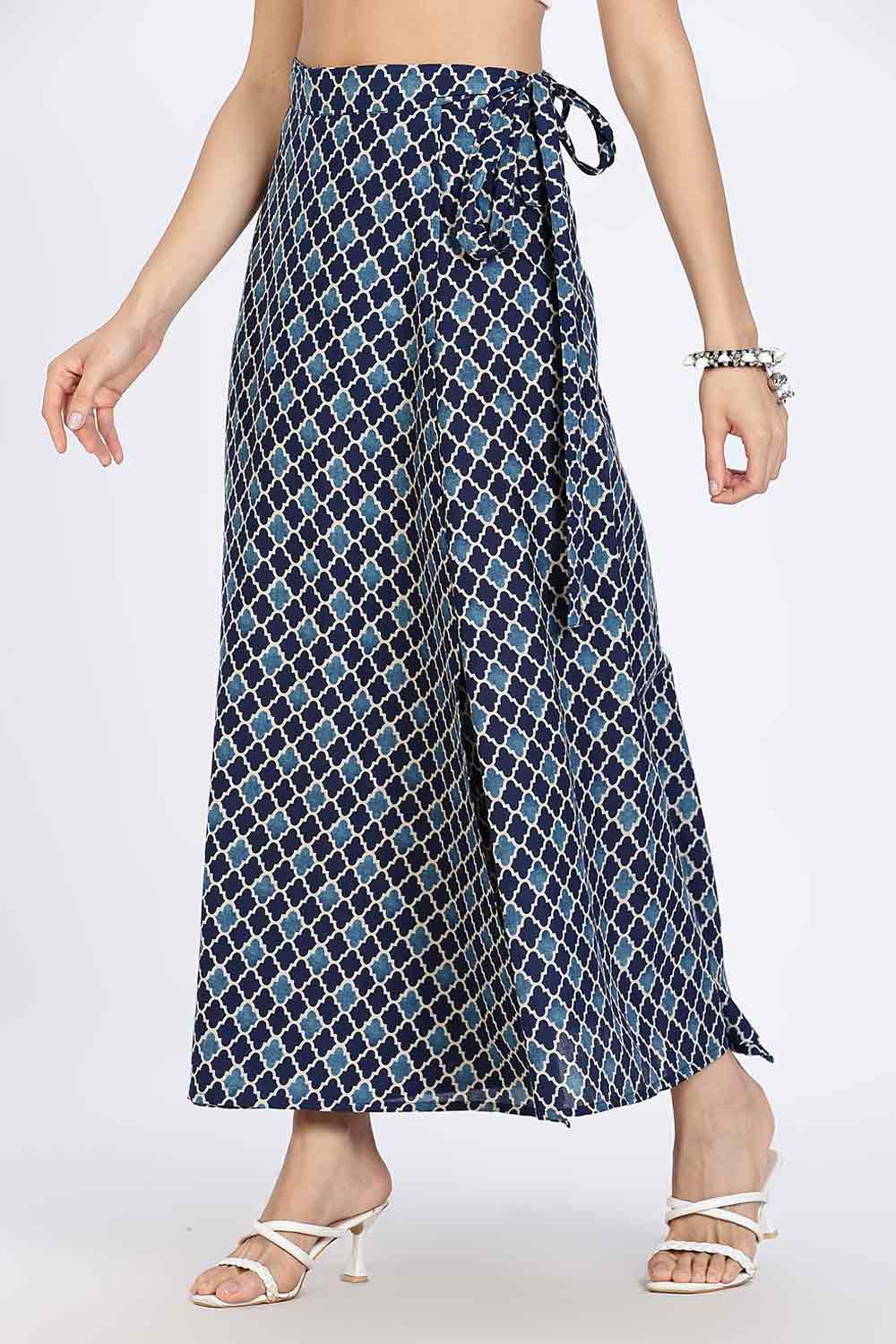 Mythri Women’s Wrap Skirt | Moroccan Geometric Printed Cotton Blend with Tie-Up Closure - Blue Print - SK07