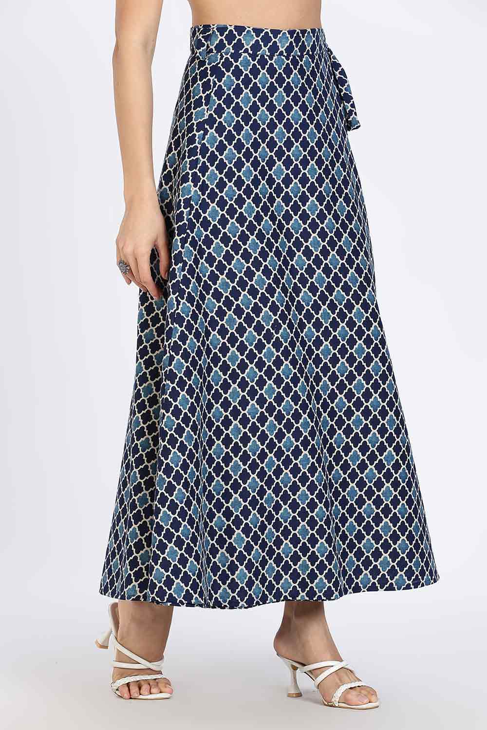 Mythri Women’s Wrap Skirt | Moroccan Geometric Printed Cotton Blend with Tie-Up Closure - Blue Print - SK07