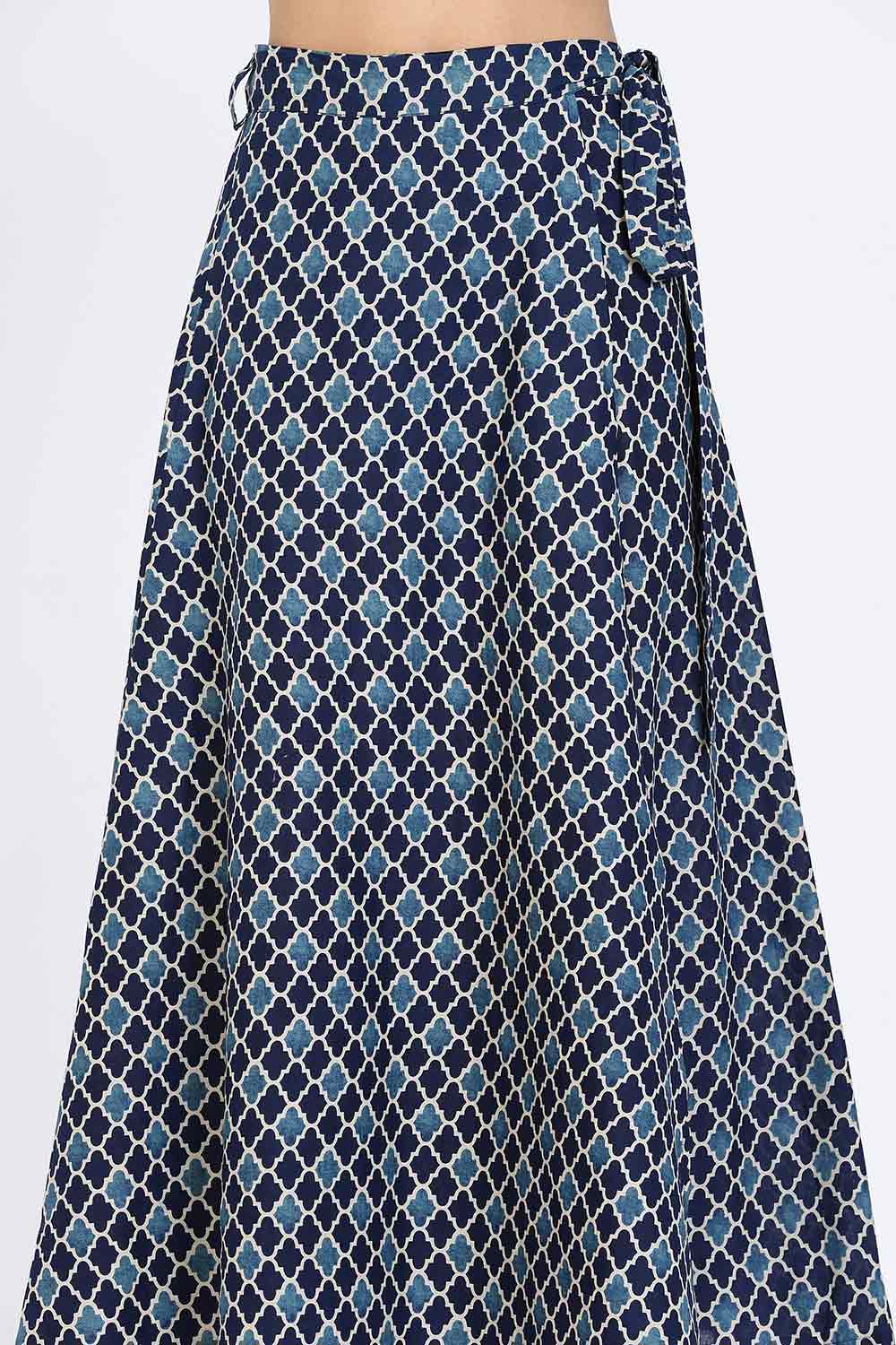 Mythri Women’s Wrap Skirt | Moroccan Geometric Printed Cotton Blend with Tie-Up Closure - Blue Print - SK07
