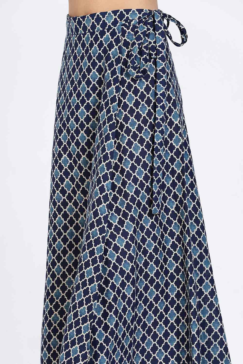Mythri Women’s Wrap Skirt | Moroccan Geometric Printed Cotton Blend with Tie-Up Closure - Blue Print - SK07