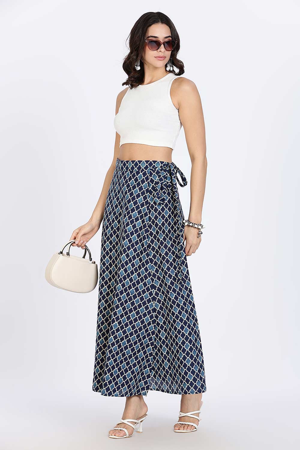 Mythri Women’s Wrap Skirt | Moroccan Geometric Printed Cotton Blend with Tie-Up Closure - Blue Print - SK07