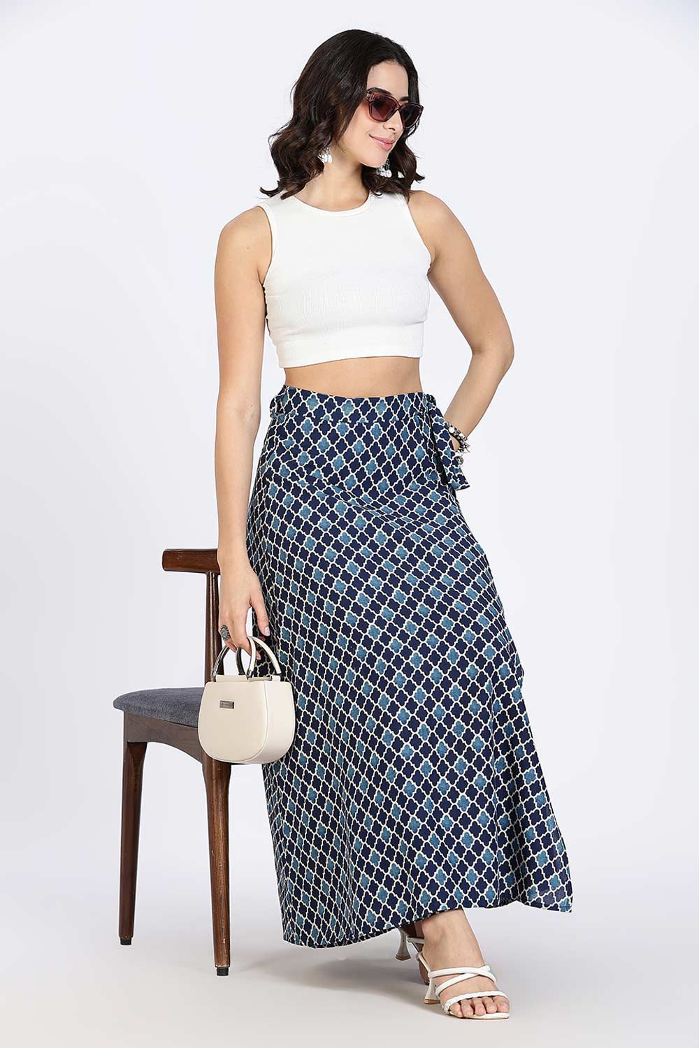 Mythri Women’s Wrap Skirt | Moroccan Geometric Printed Cotton Blend with Tie-Up Closure - Blue Print - SK07