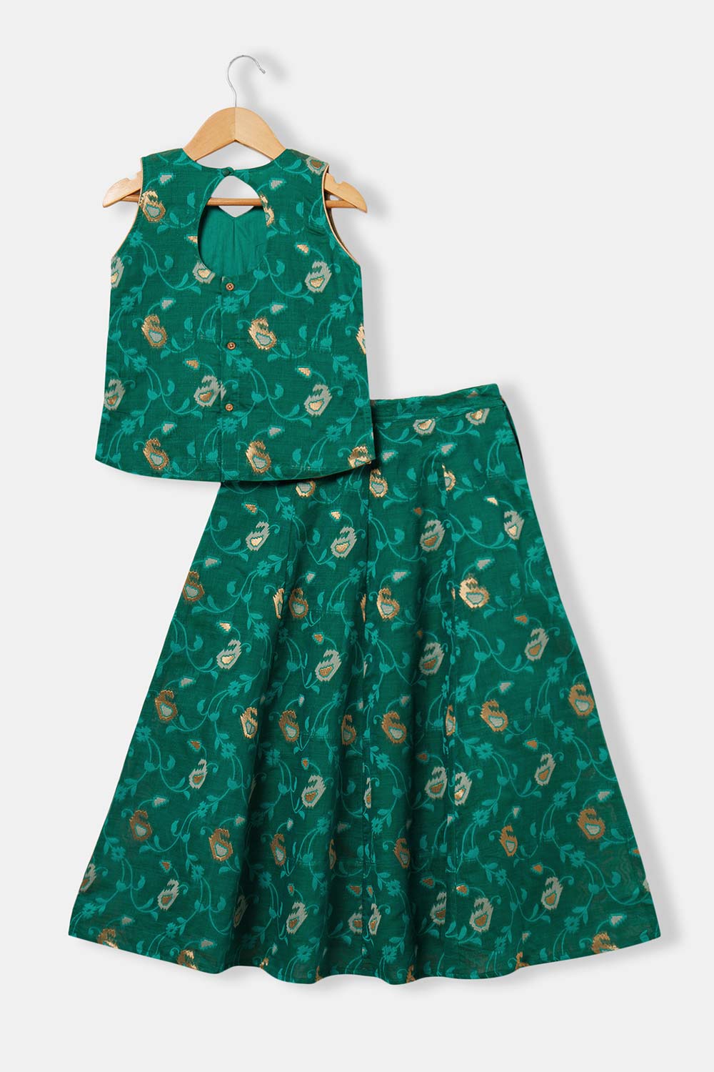 Chittythalli Girls’ Ethnic Pavadai Set – Sleeveless V-Neck Top with Flared Kali Skirt & Tassel Detailing - Teal Green - PS60