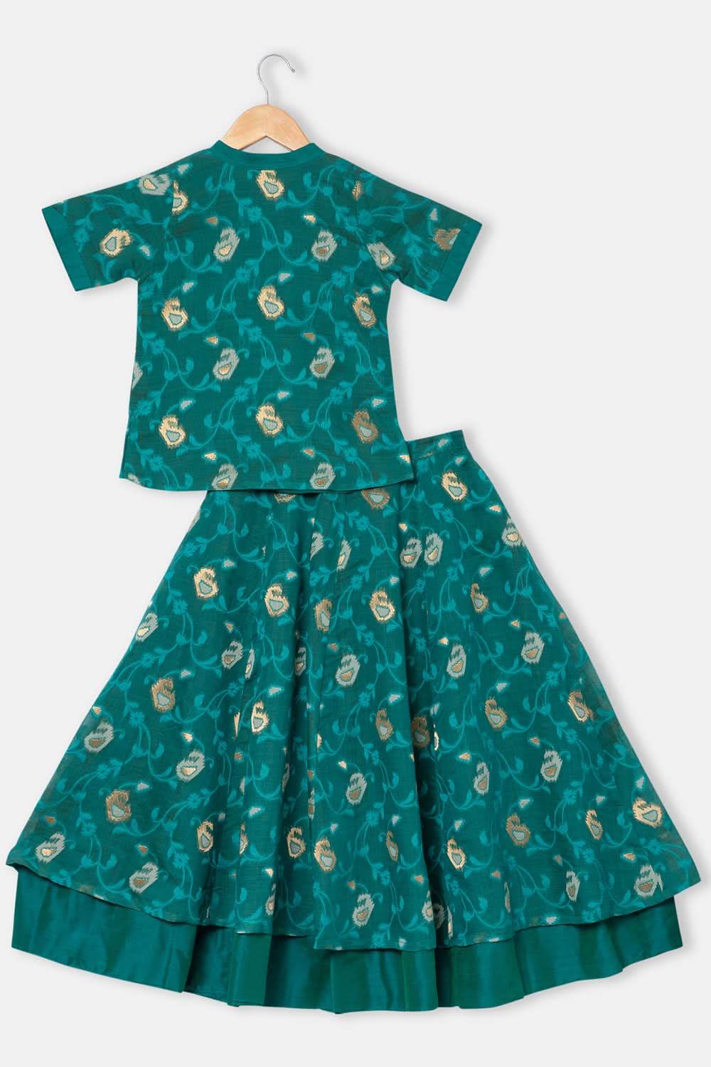Chittythalli Girl's Ethnic Pavadai Set Round Neck Top with Shoulder Tie-Ups Sequin Embroidery & Kali Skirt - Teal Green - PS70 - Naidu Hall Family Store