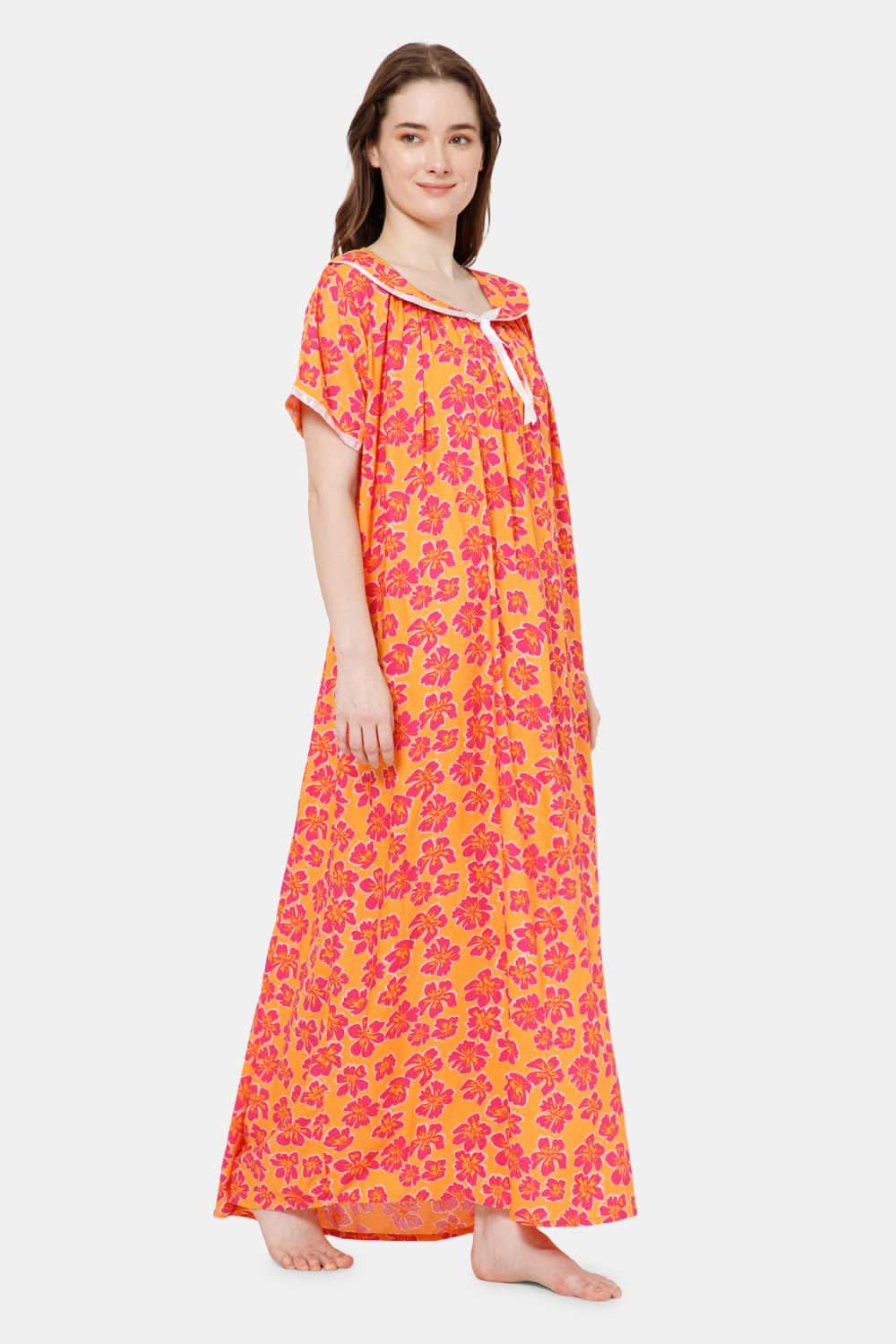 Naidu Hall Detailed Lace Nighty with Peter Pan Collar Neck - Dark Pink - NT38