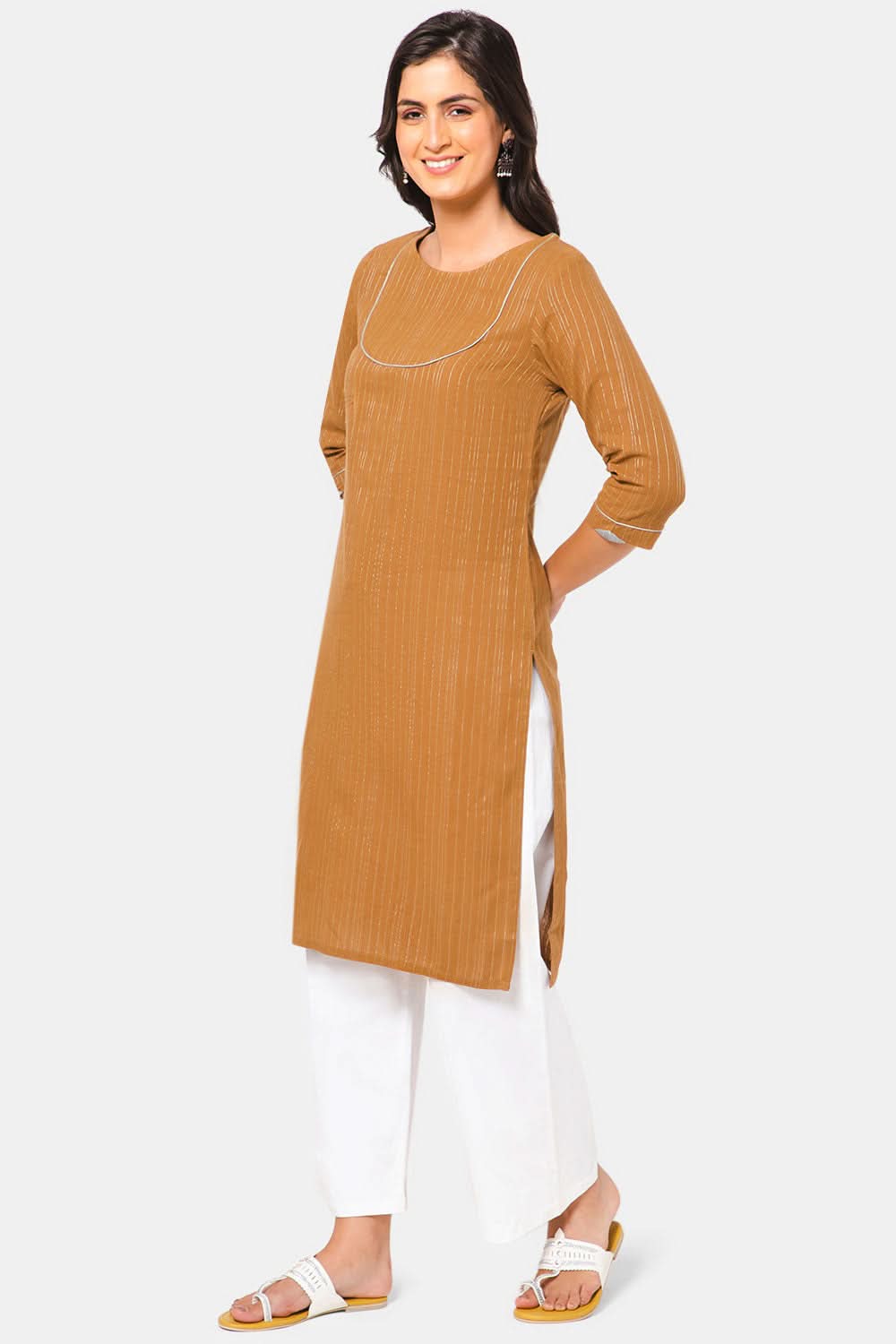 Mythri Women Knee Length Straight Kurtha - Brown - KU38