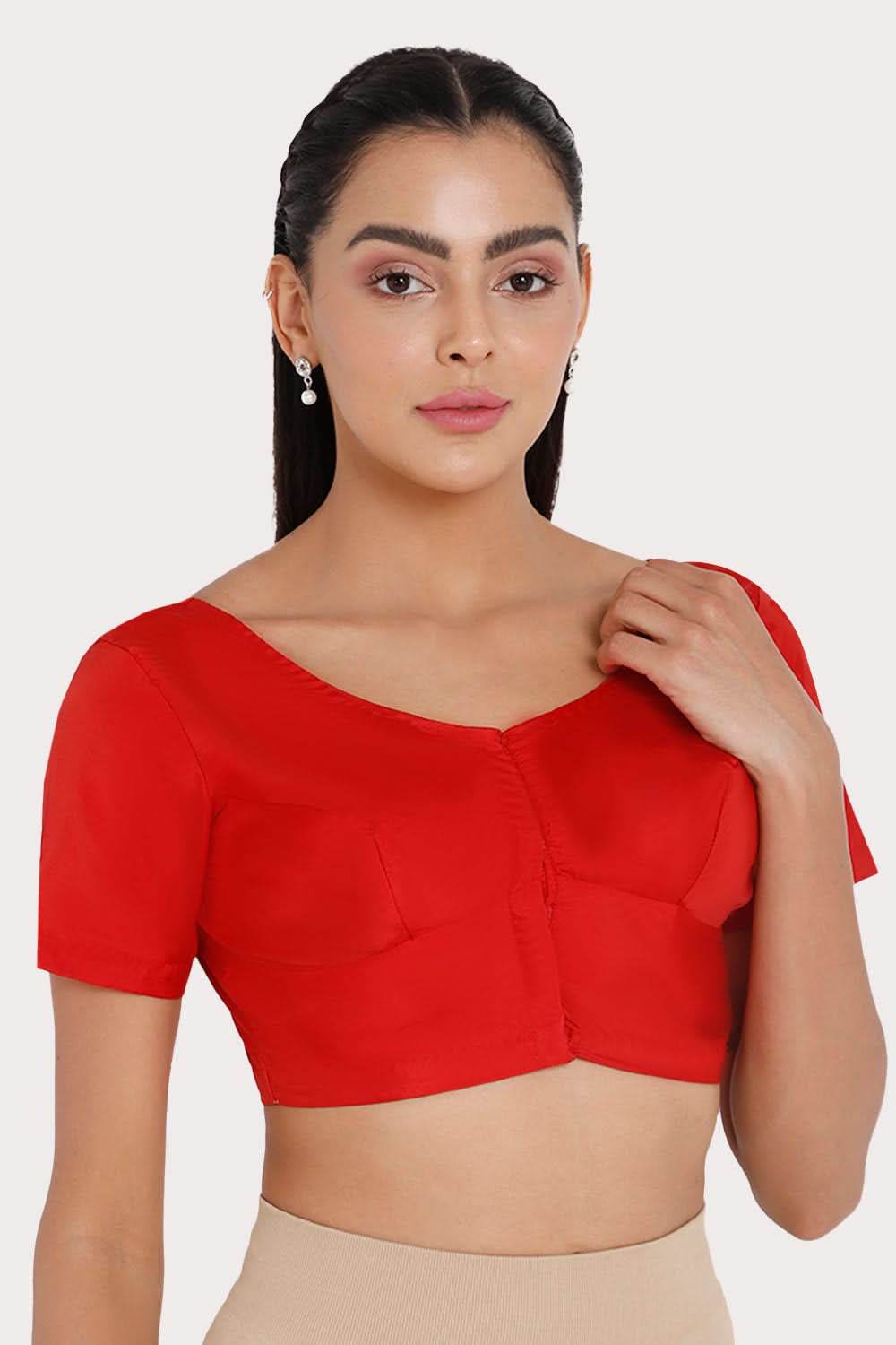 Naidu Hall Round neck Silk Cotton short sleeve blouse - Red - Naidu Hall Family Store