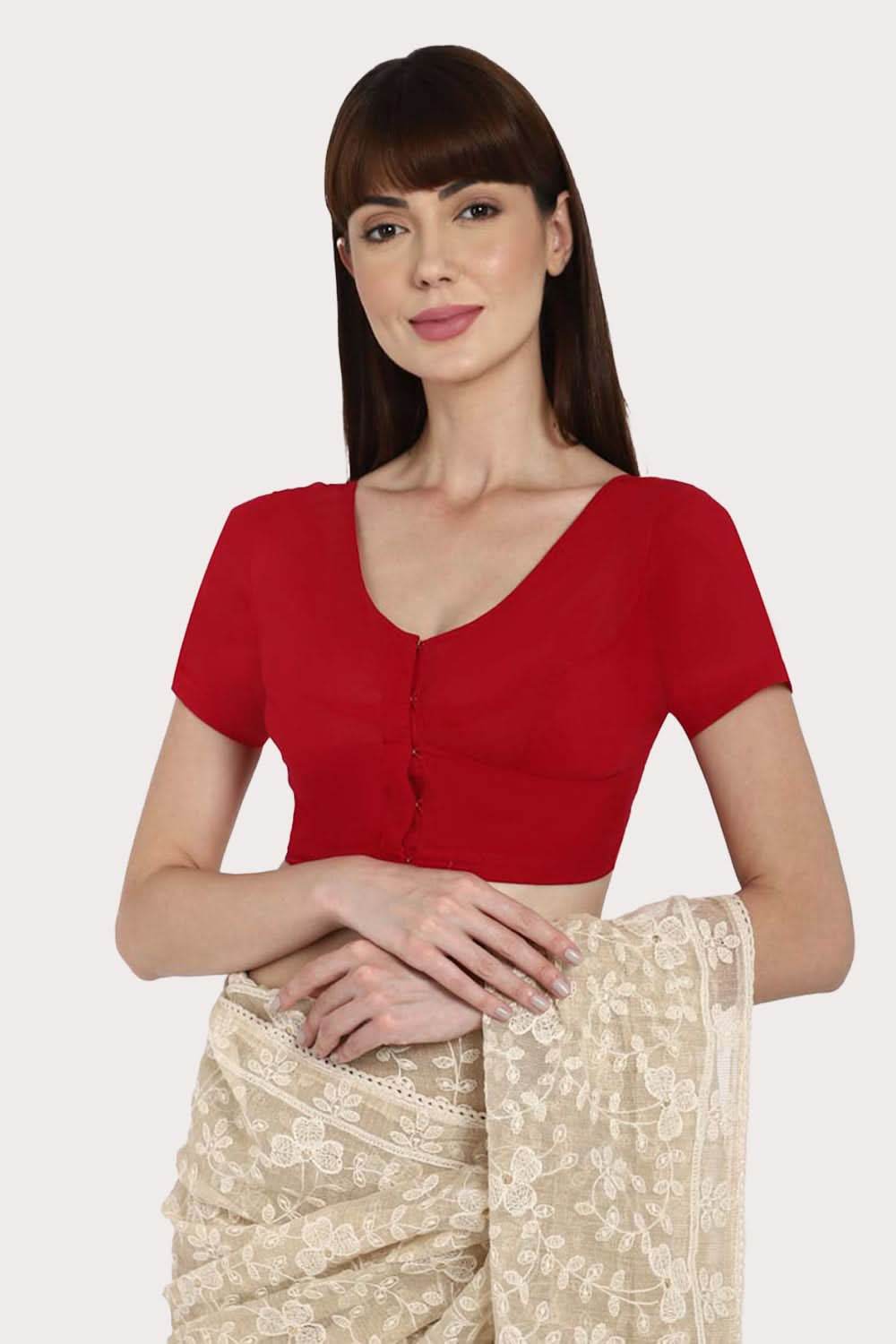 Naidu Hall Full Coverage Non-Padded Round Neck Short Sleeve Cotton Blouse - Dark Red - Naidu Hall Family Store