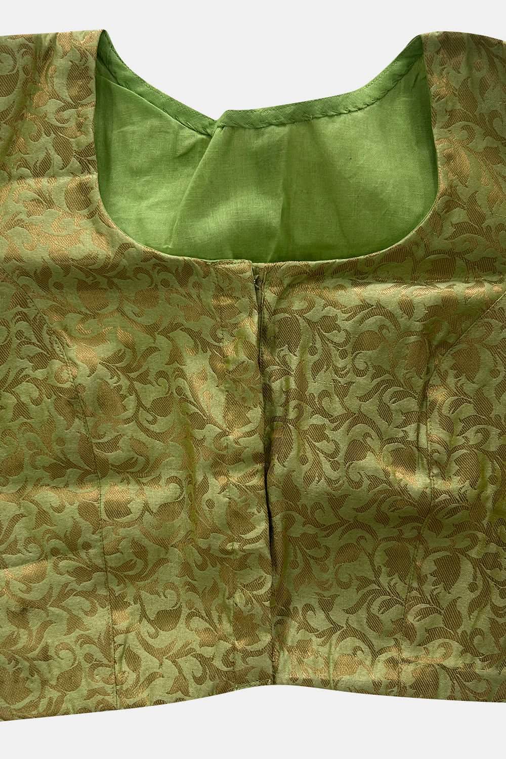 Naidu Hall V Neck Princess Cut Elbow Sleeve Back Open Brocade1 Saree Blouse - Olive - BU12 - Naidu Hall Family Store