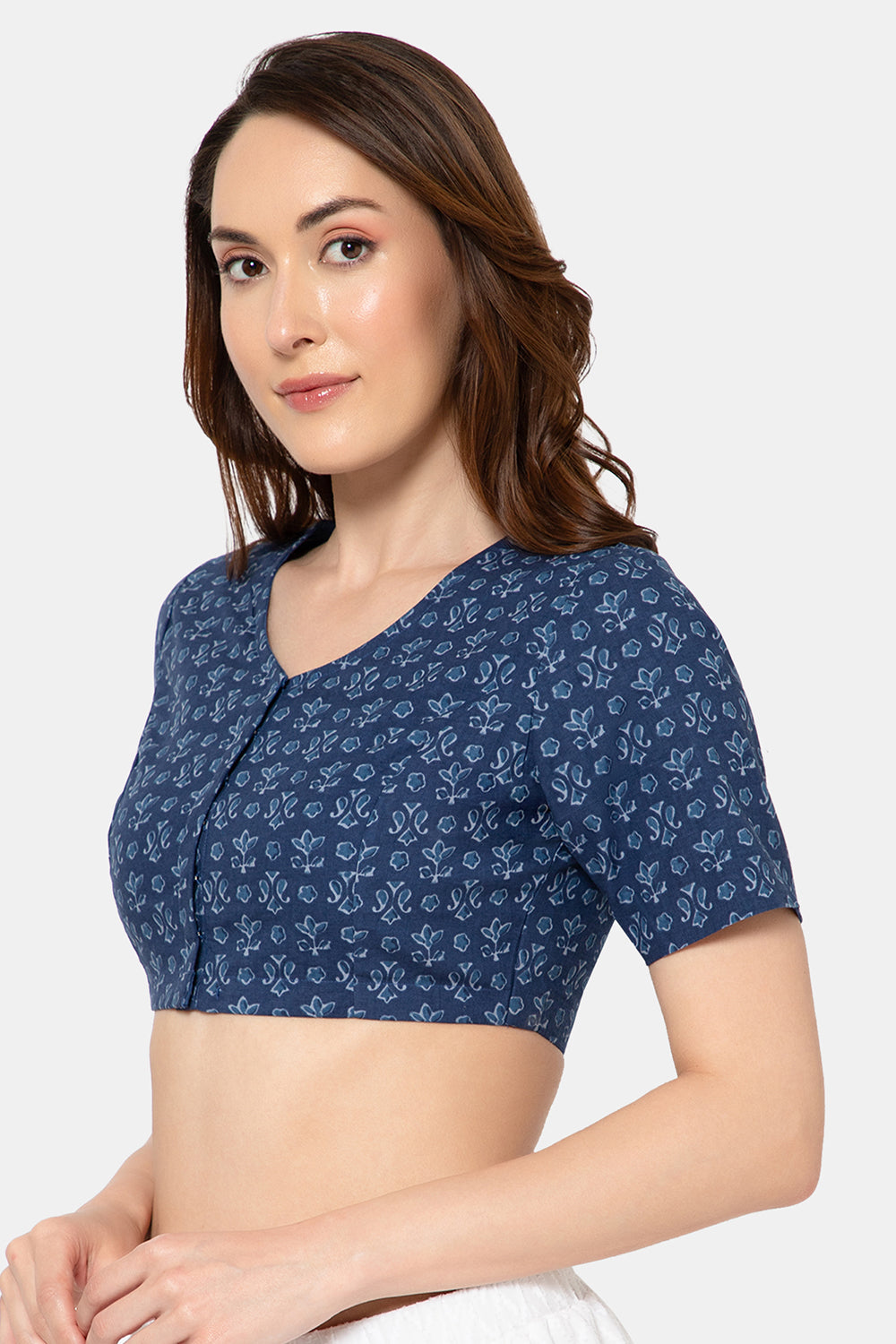 Naidu Hall Women’s Designer Cotton Ikat Blouse V-Neck Front Open with Elbow Sleeves - Dark Blue - BU16