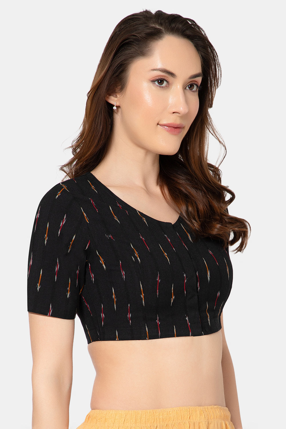 Naidu Hall Women’s Designer Cotton Ikat Blouse V-Neck Front Open with Elbow Sleeves - Black - BU16