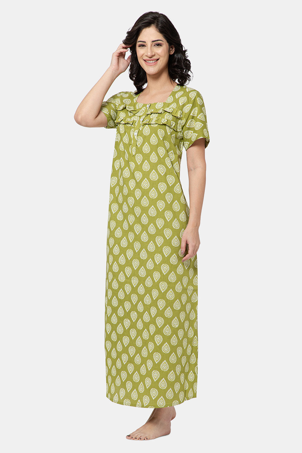Naidu Hall Women's Printed A-Line Nighty with Square Neck and Ruffle Detailing - Green - N101