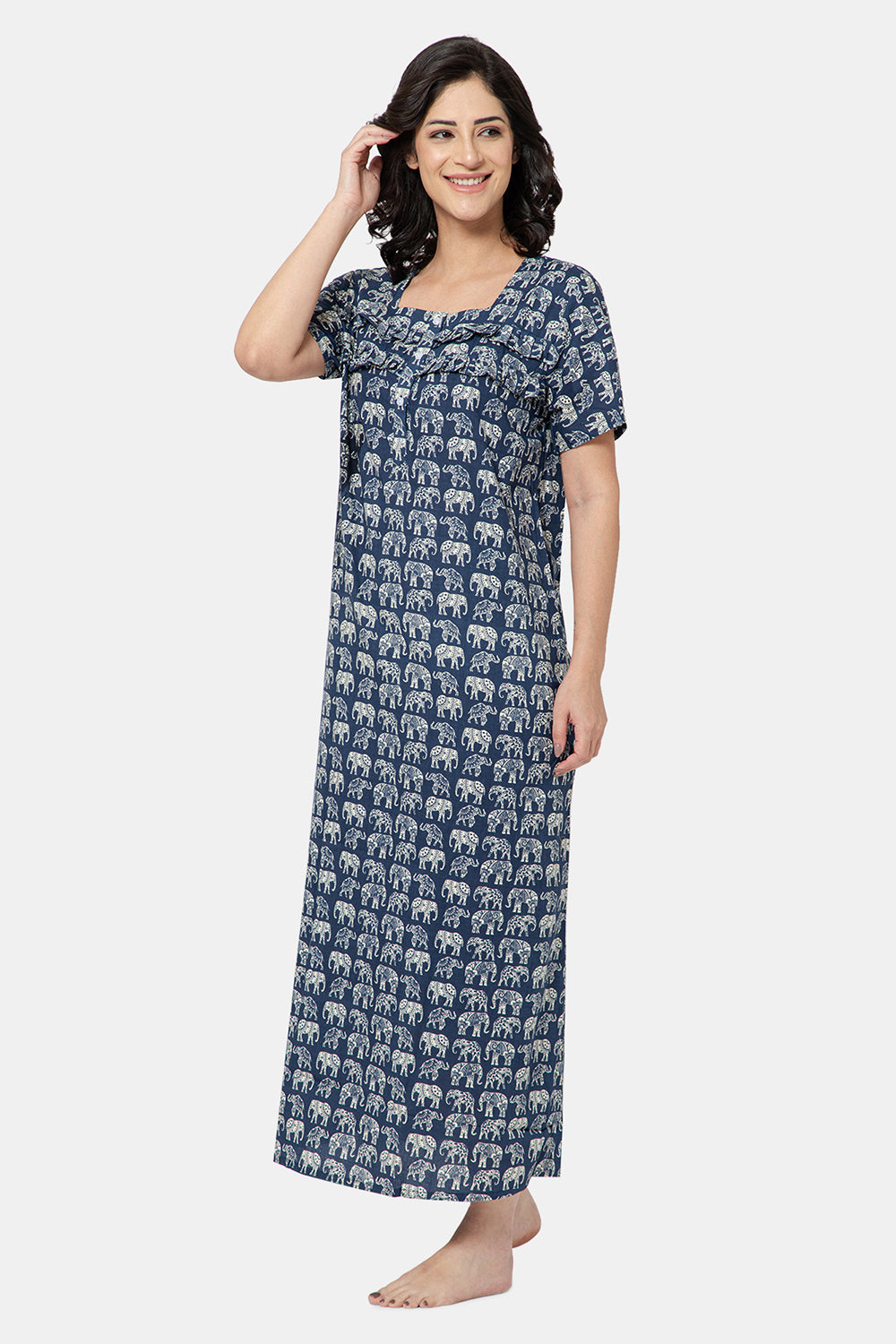 Naidu Hall Women's Printed A-Line Nighty with Square Neck and Ruffle Detailing - Dark Blue - N104