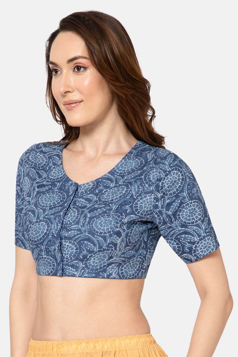 Naidu Hall Elegant Block Print Cotton Blouse for Women with V-Neck, Elbow Sleeves, and Soft Inner Lining - Light Blue - BU15 - Naidu Hall Family Store