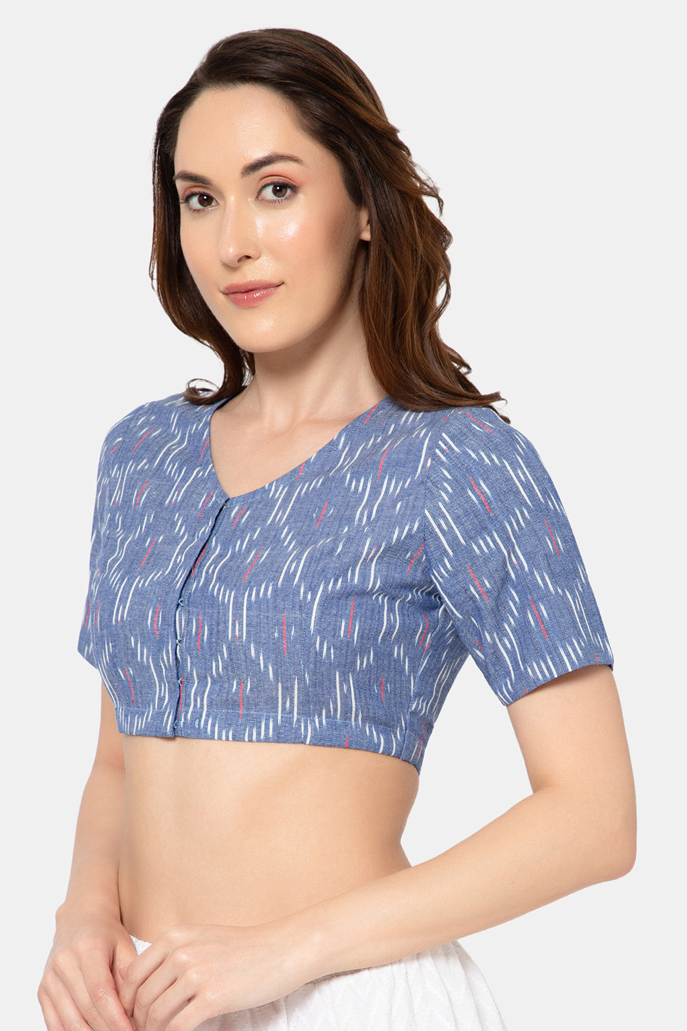 Naidu Hall Women’s Designer Cotton Ikat Blouse V-Neck Front Open with Elbow Sleeves - Navy Blue - BU16