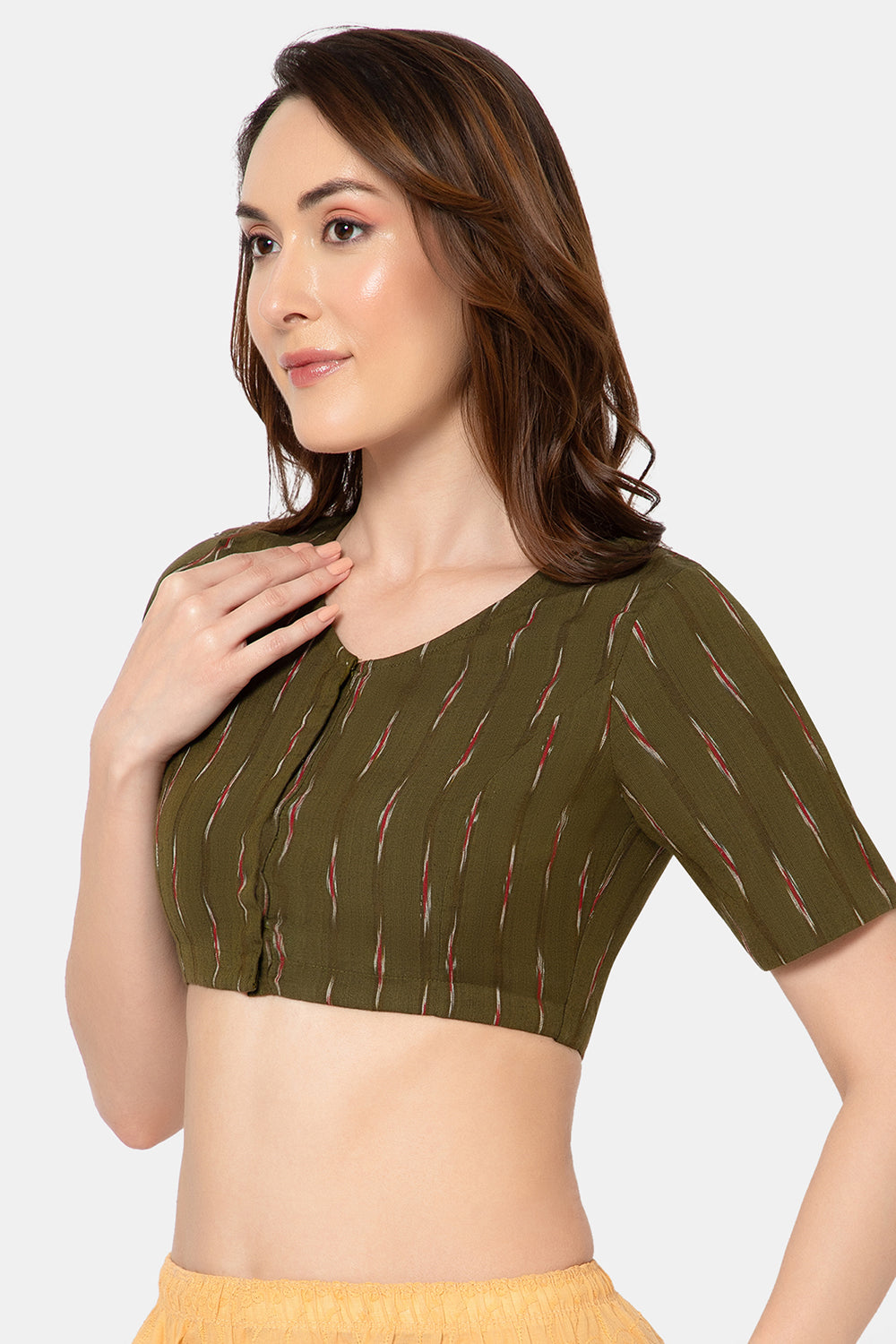 Naidu Hall Women’s Designer Cotton Ikat Blouse V-Neck Front Open with Elbow Sleeves - Olive - BU16