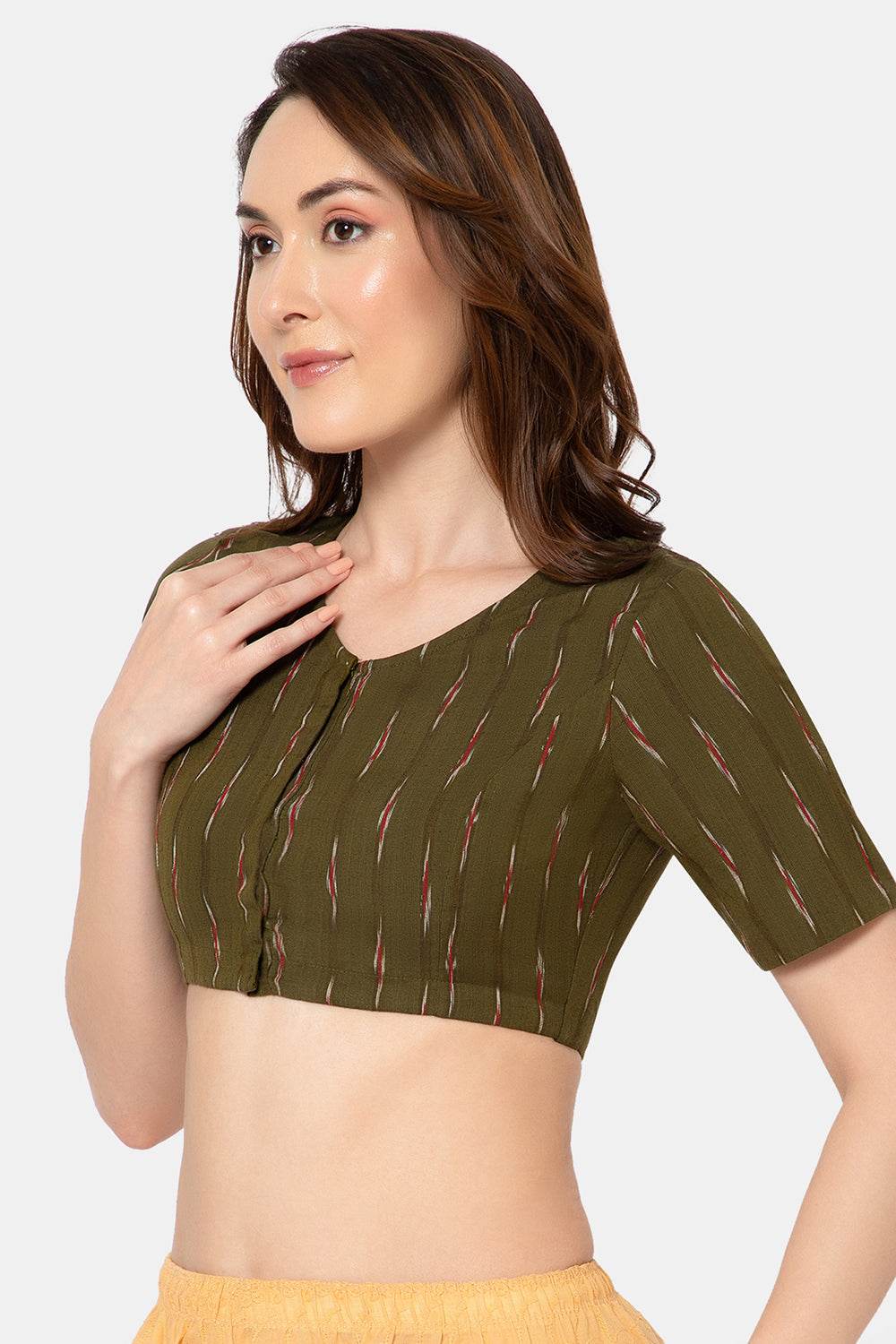 Naidu Hall Women’s Designer Cotton Ikat Blouse V-Neck Front Open with Elbow Sleeves - Olive - BU16 - Naidu Hall Family Store