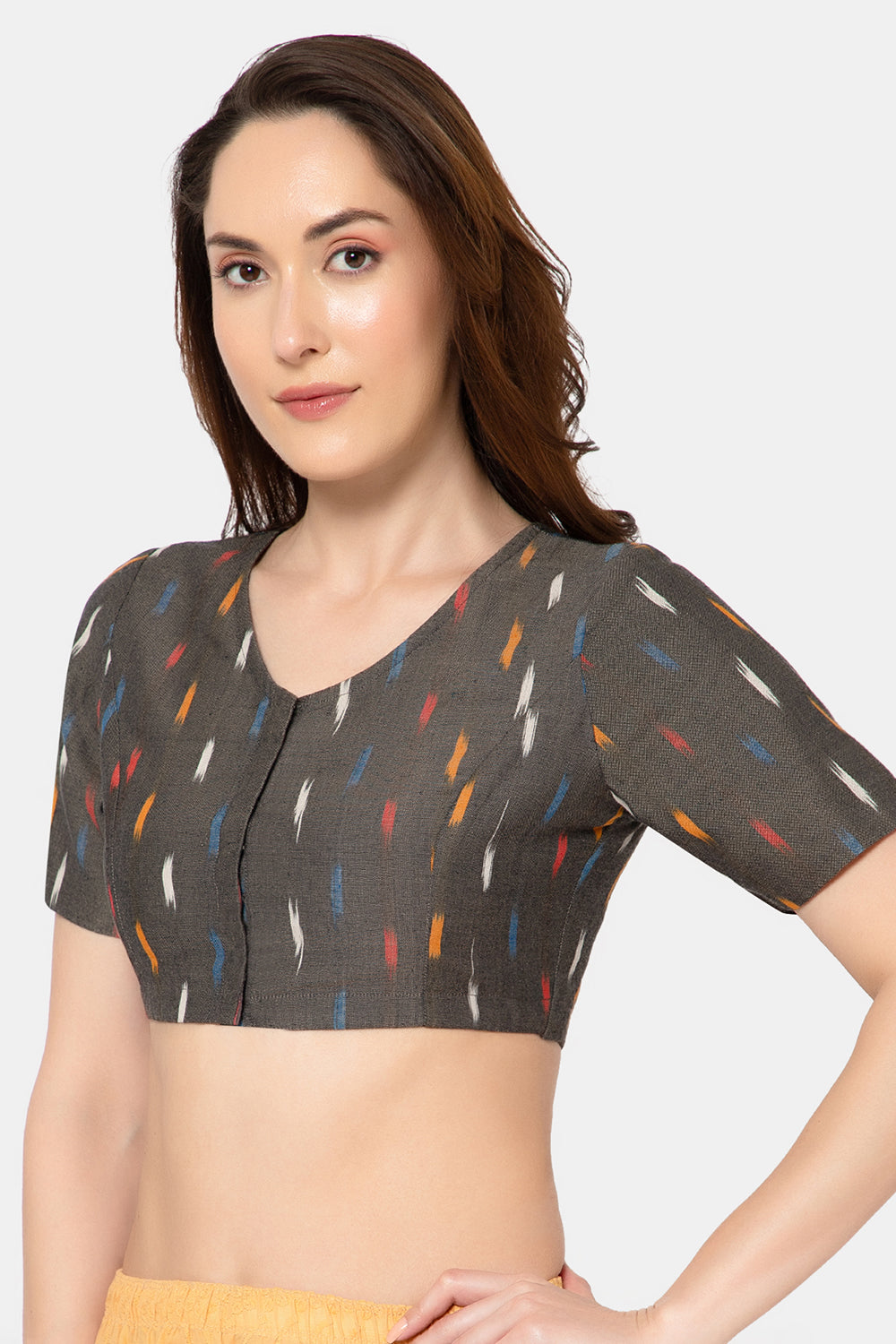 Naidu Hall Women’s Designer Cotton Ikat Blouse V-Neck Front Open with Elbow Sleeves - Blackprint 2 - BU16