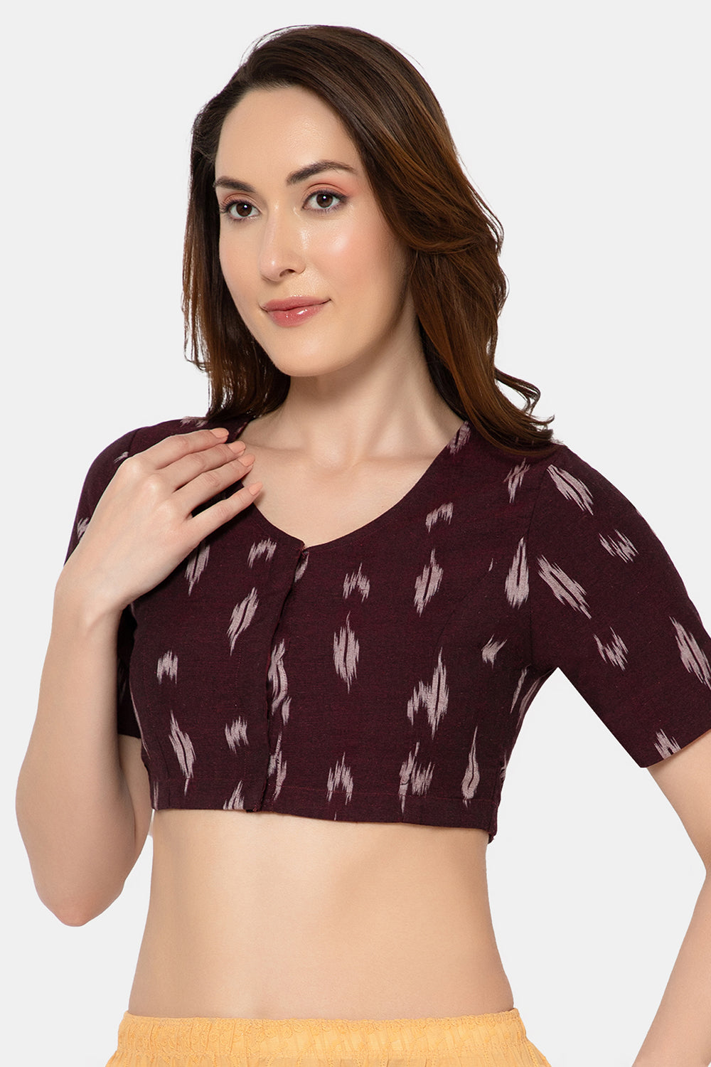 Naidu Hall Women’s Designer Cotton Ikat Blouse V-Neck Front Open with Elbow Sleeves - Wine - BU16