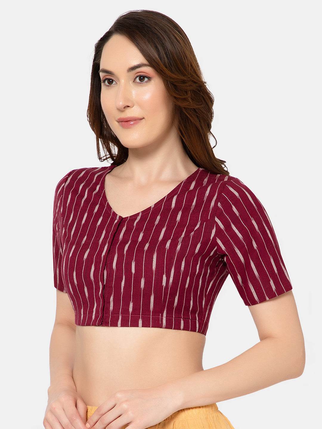 Naidu Hall Women’s Designer Cotton Ikat Blouse V-Neck Front Open with Elbow Sleeves - Maroon - BU16 - Naidu Hall Family Store