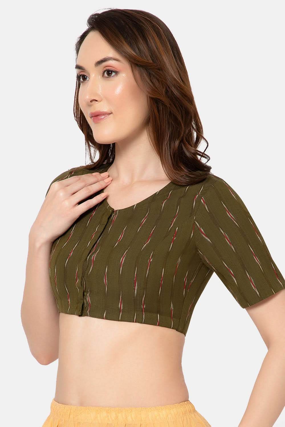 Naidu Hall Designer Cotton Ikat Blouse for Women with V-Neck, Front Open, and Soft Lining - Olive - BU15 - Naidu Hall Family Store