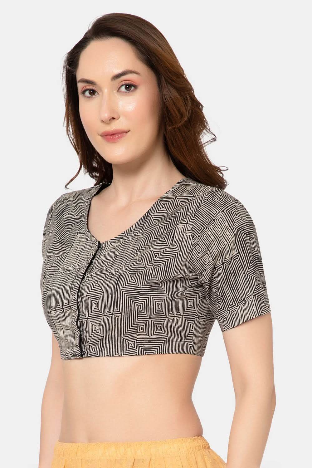 Naidu Hall Elegant Block Print Cotton Blouse for Women with V-Neck, Elbow Sleeves, and Soft Inner Lining - Black - BU15 - Naidu Hall Family Store