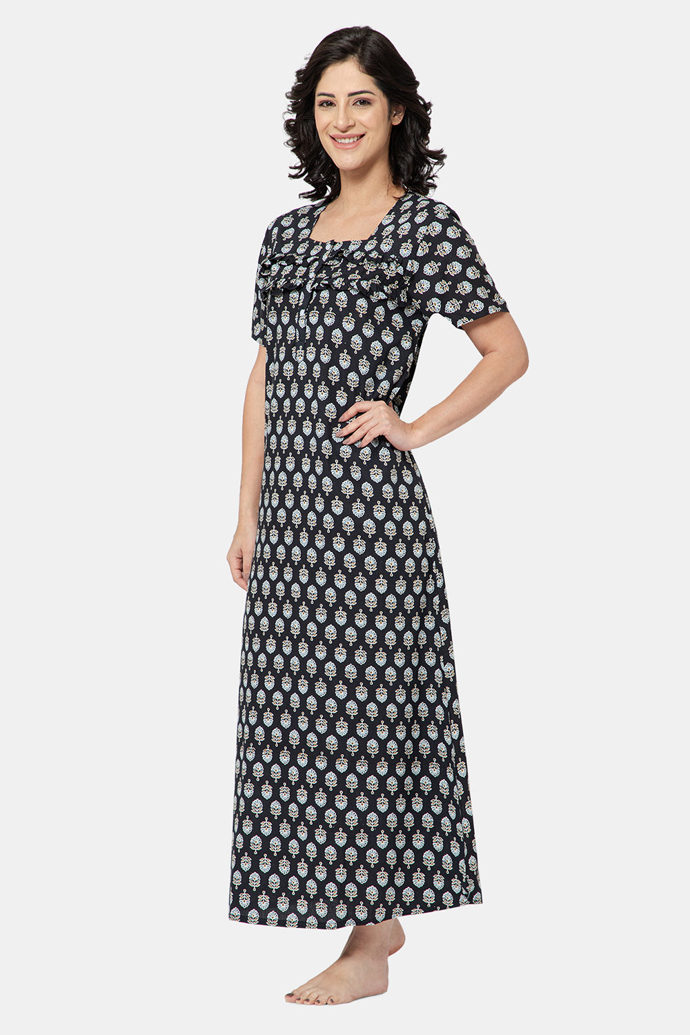 Naidu Hall Women's Printed A-Line Nighty with Square Neck and Ruffle Detailing - Black - N103