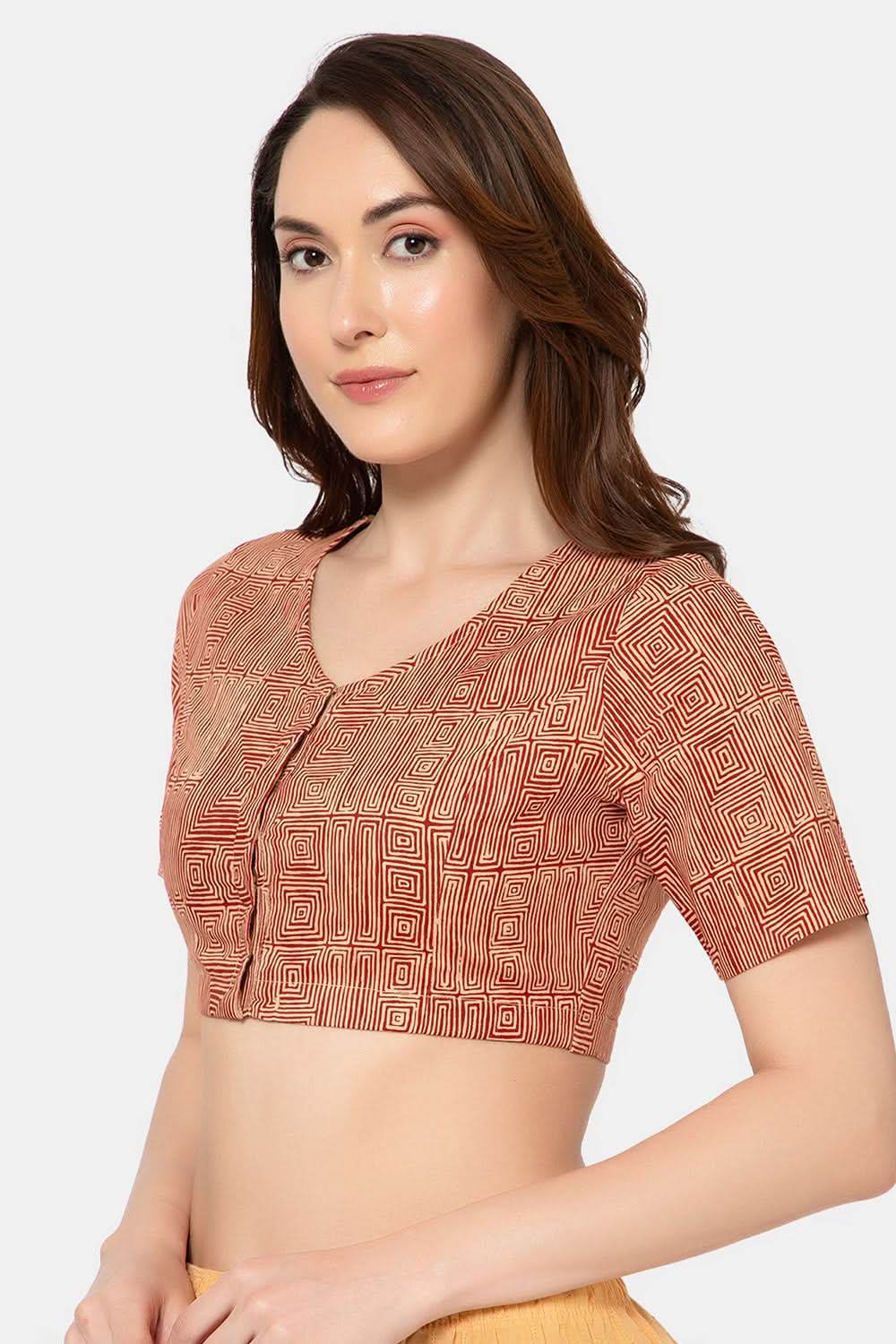 Naidu Hall Elegant Block Print Cotton Blouse for Women with V-Neck, Elbow Sleeves, and Soft Inner Lining - Red - BU15 - Naidu Hall Family Store